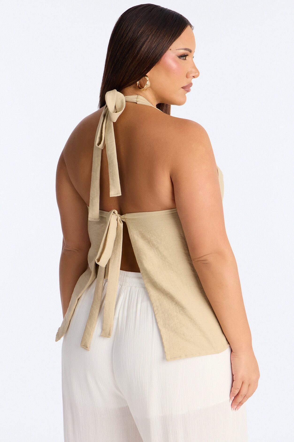 Slow Moments Matter Button Up Linen Halter Top - Beige