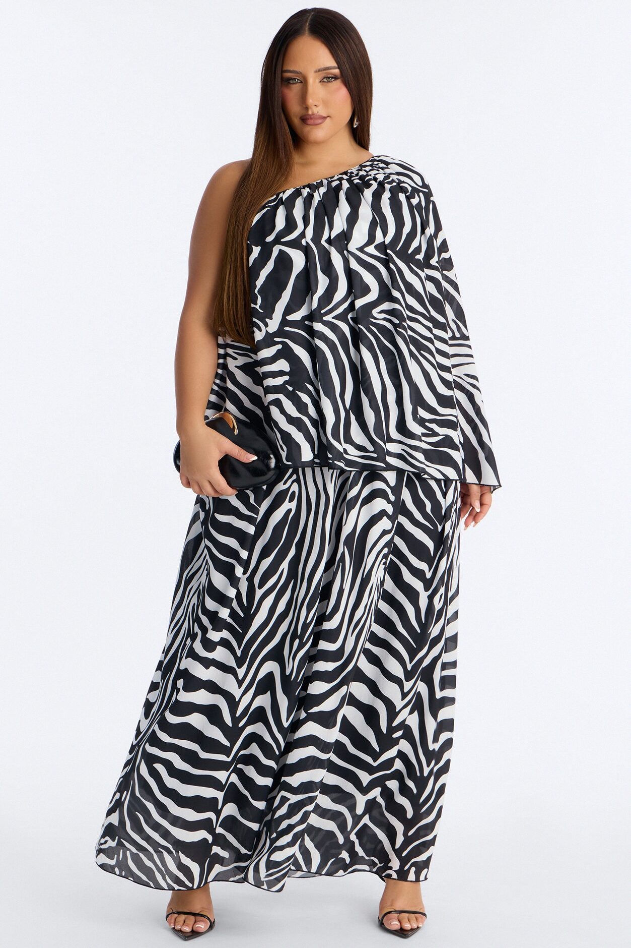 Corine One Shoulder Chiffon Maxi Dress - Black/White