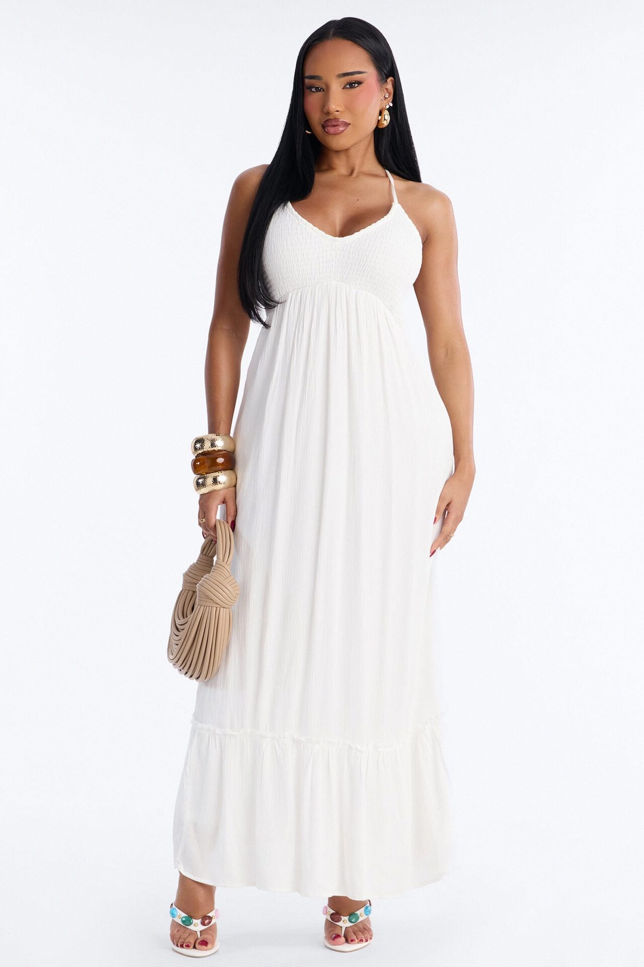 Raina Smocked Linen Maxi Dress - White