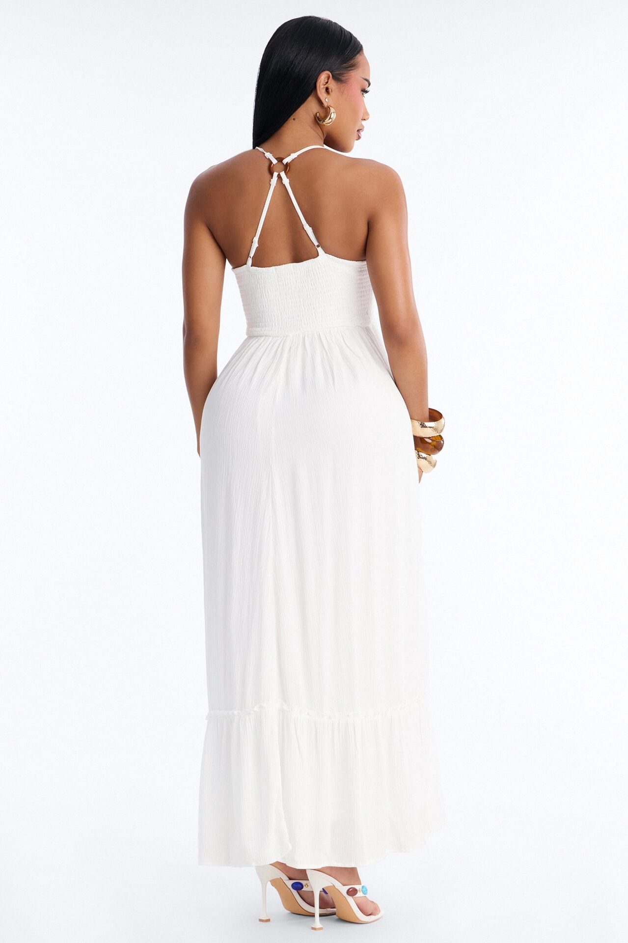 Raina Smocked Linen Maxi Dress - White