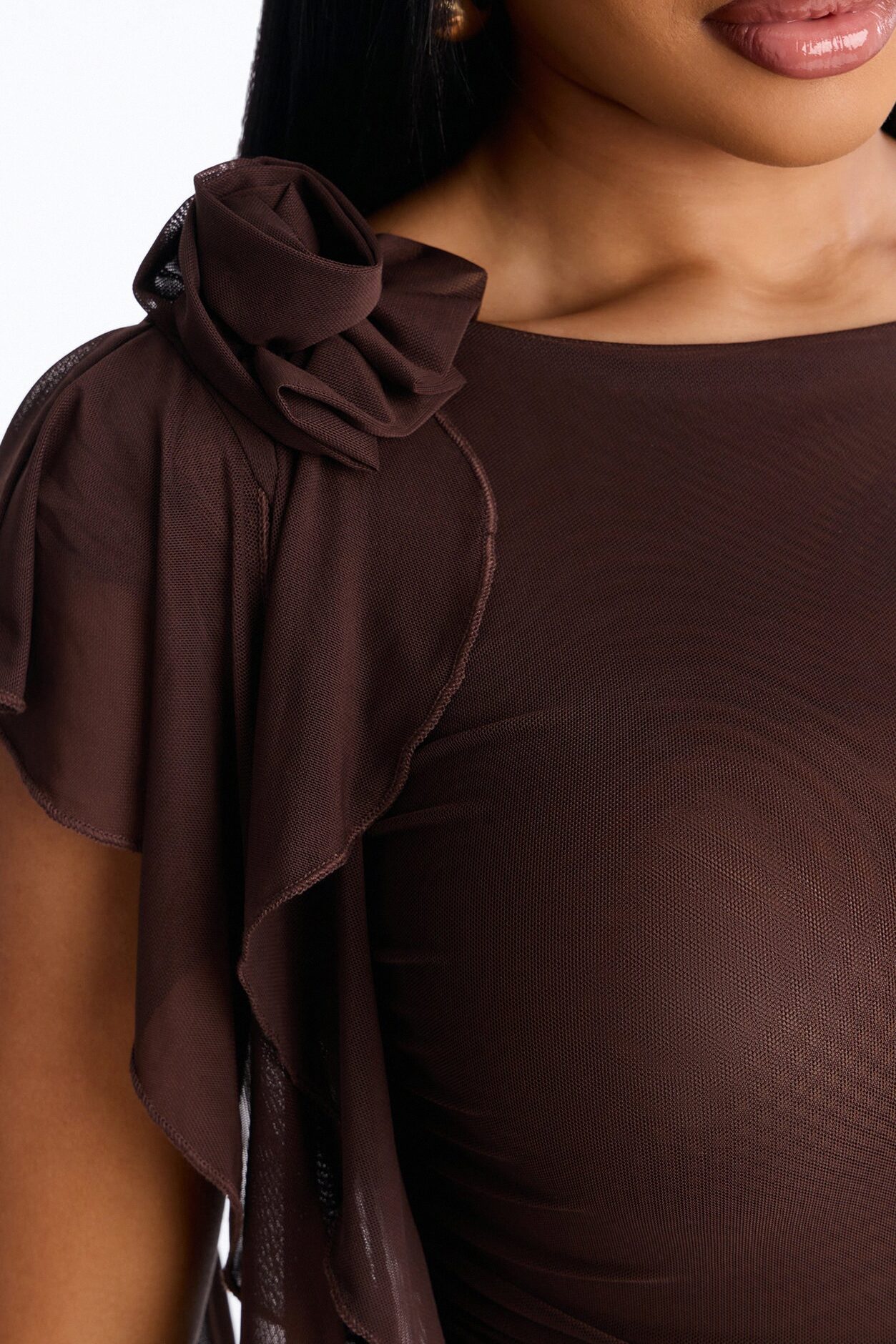 Haley Ruffle Mesh Cap Sleeve Bodysuit - Chocolate
