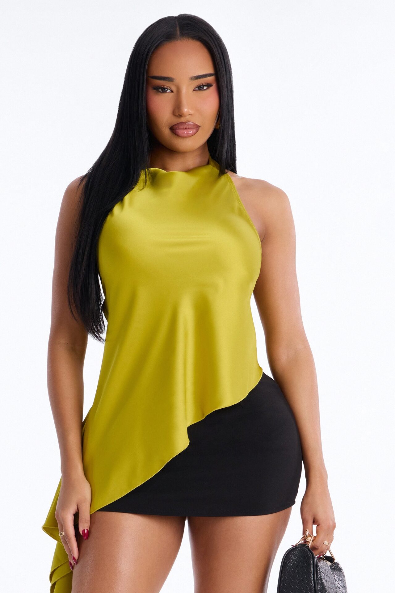 This Is The Look Asymmetrical Ruffle Satin Halter Top - Chartreuse