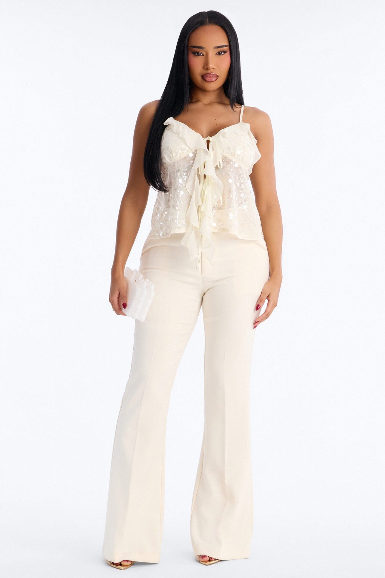 Sparkle Now Sleep Later Ruffle Sequin Flyaway Top - Cream
