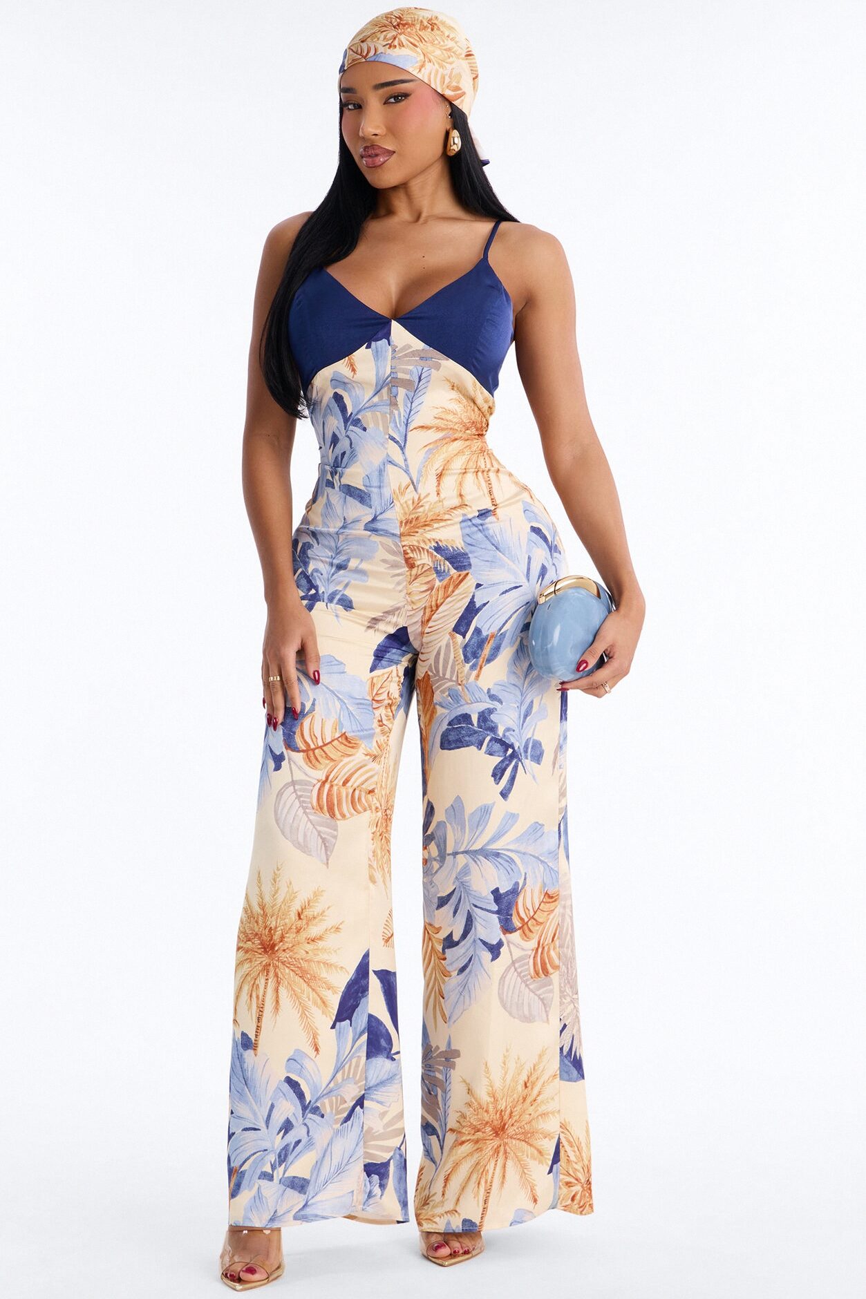 Grenna Satin Jumpsuit And Head Scarf Set - Blue