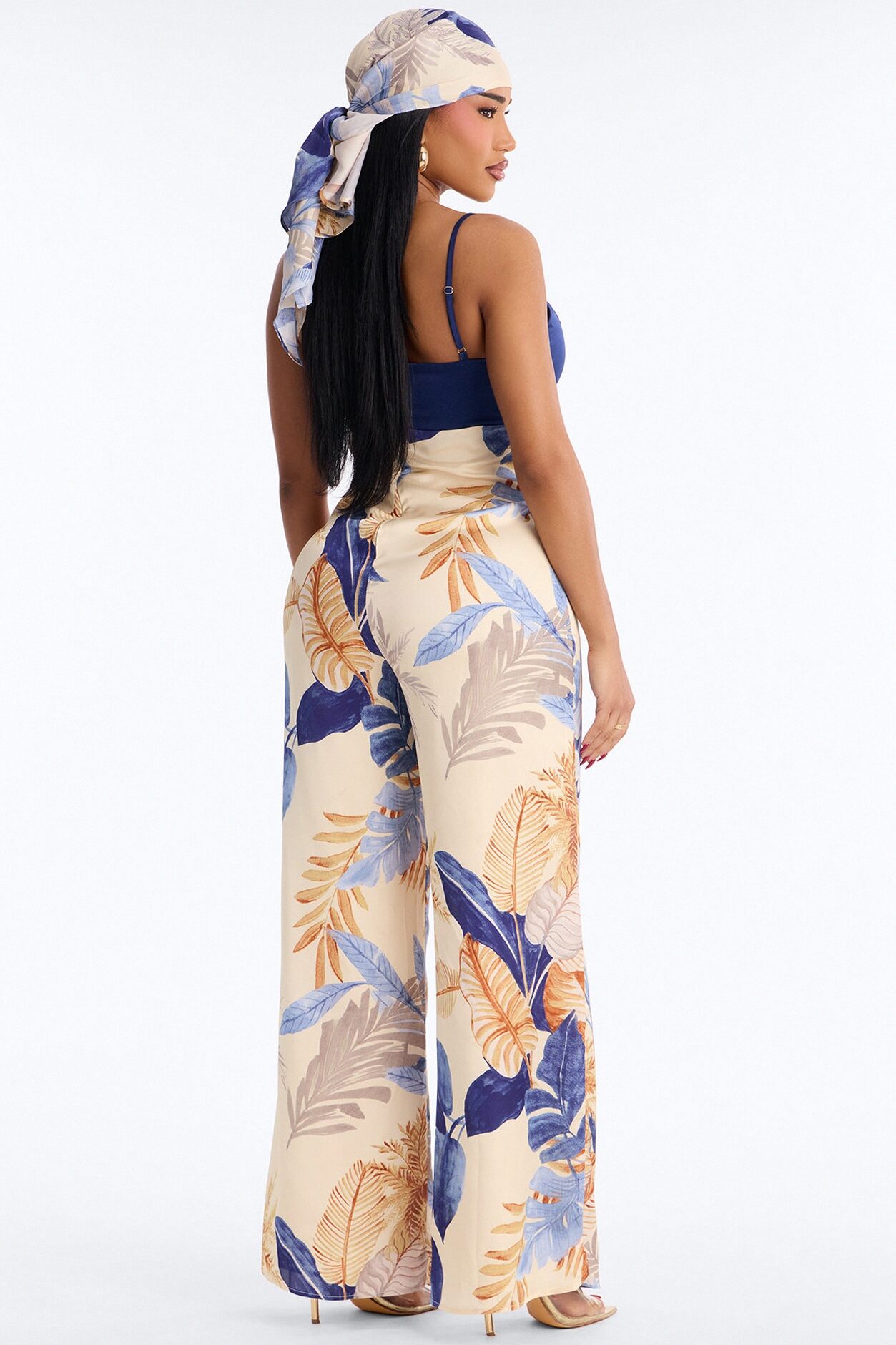 Grenna Satin Jumpsuit And Head Scarf Set - Blue