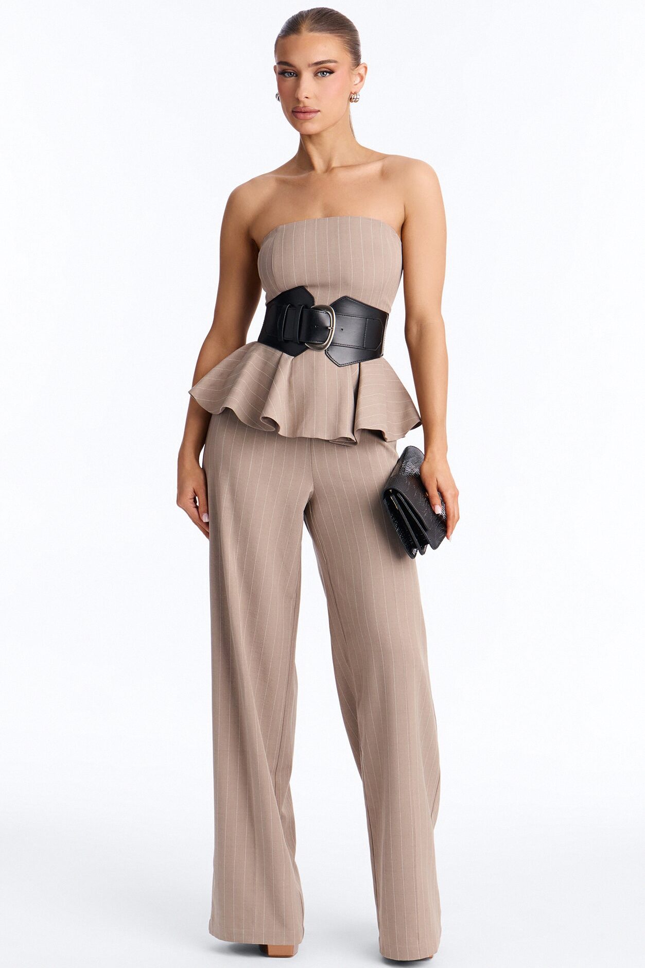 Jessa Pinstripe Belted Wide Leg - Taupe