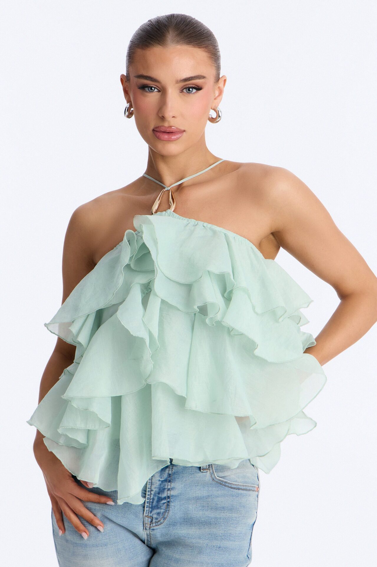 Ruffle Cutie Hardware Organza Halter Top - Sage