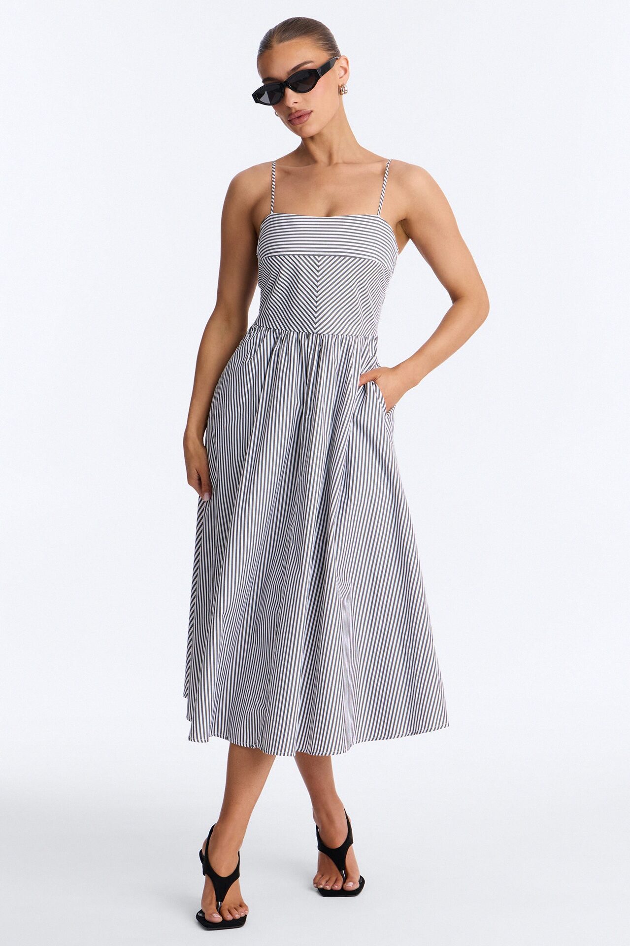 Sadie Striped Poplin Midi Dress - Black/White