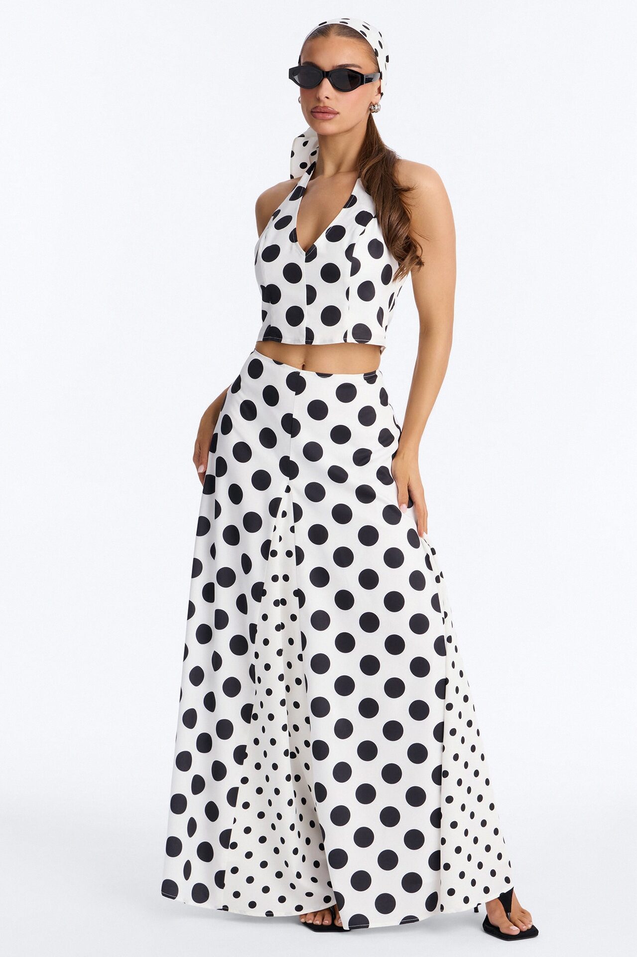 Ivy Polka Dot Halter 3 Piece Scarf Skirt Set - White/Black
