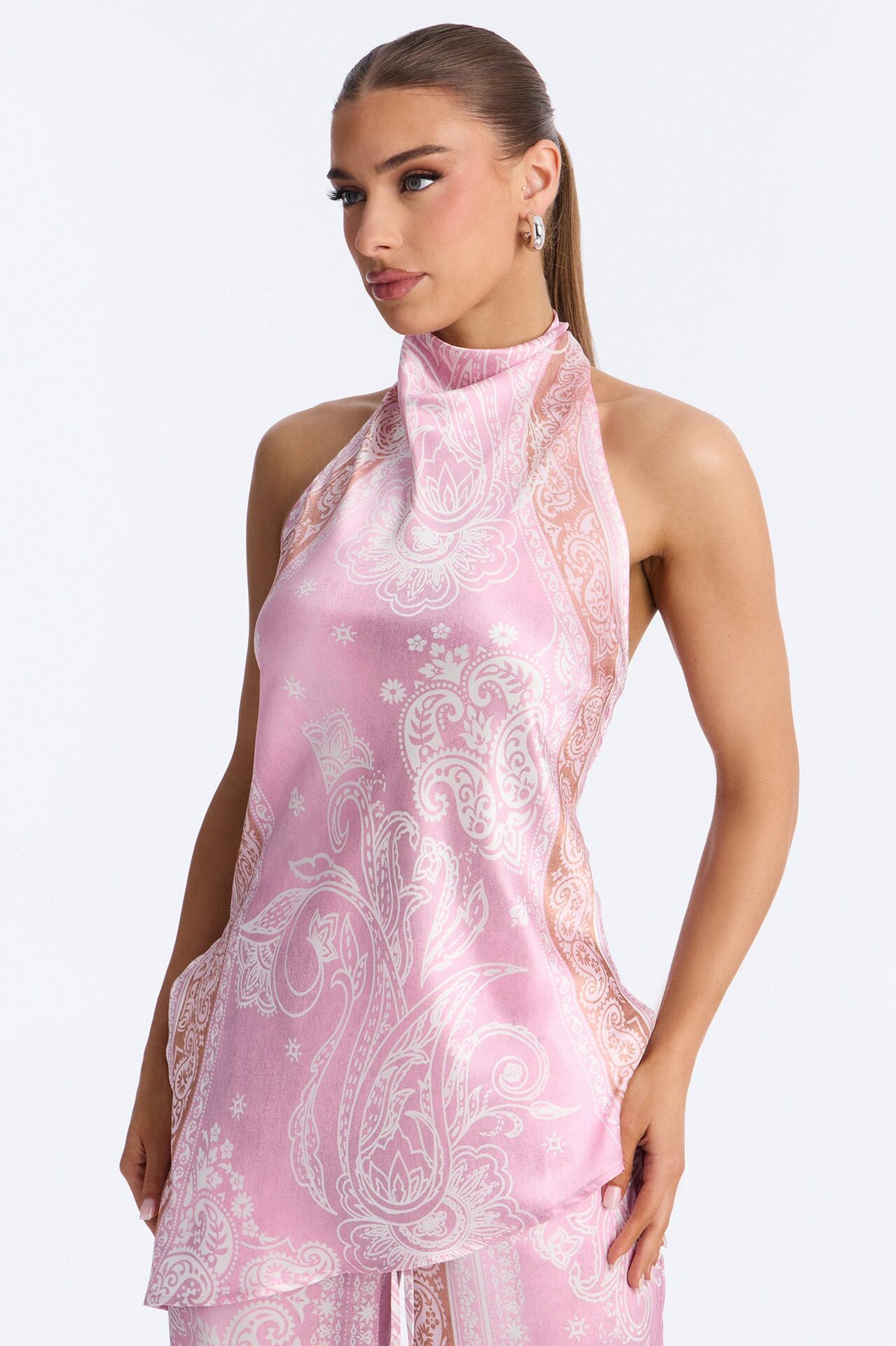 So Classy Hi Neck Paisley Satin Pant Set - Pink