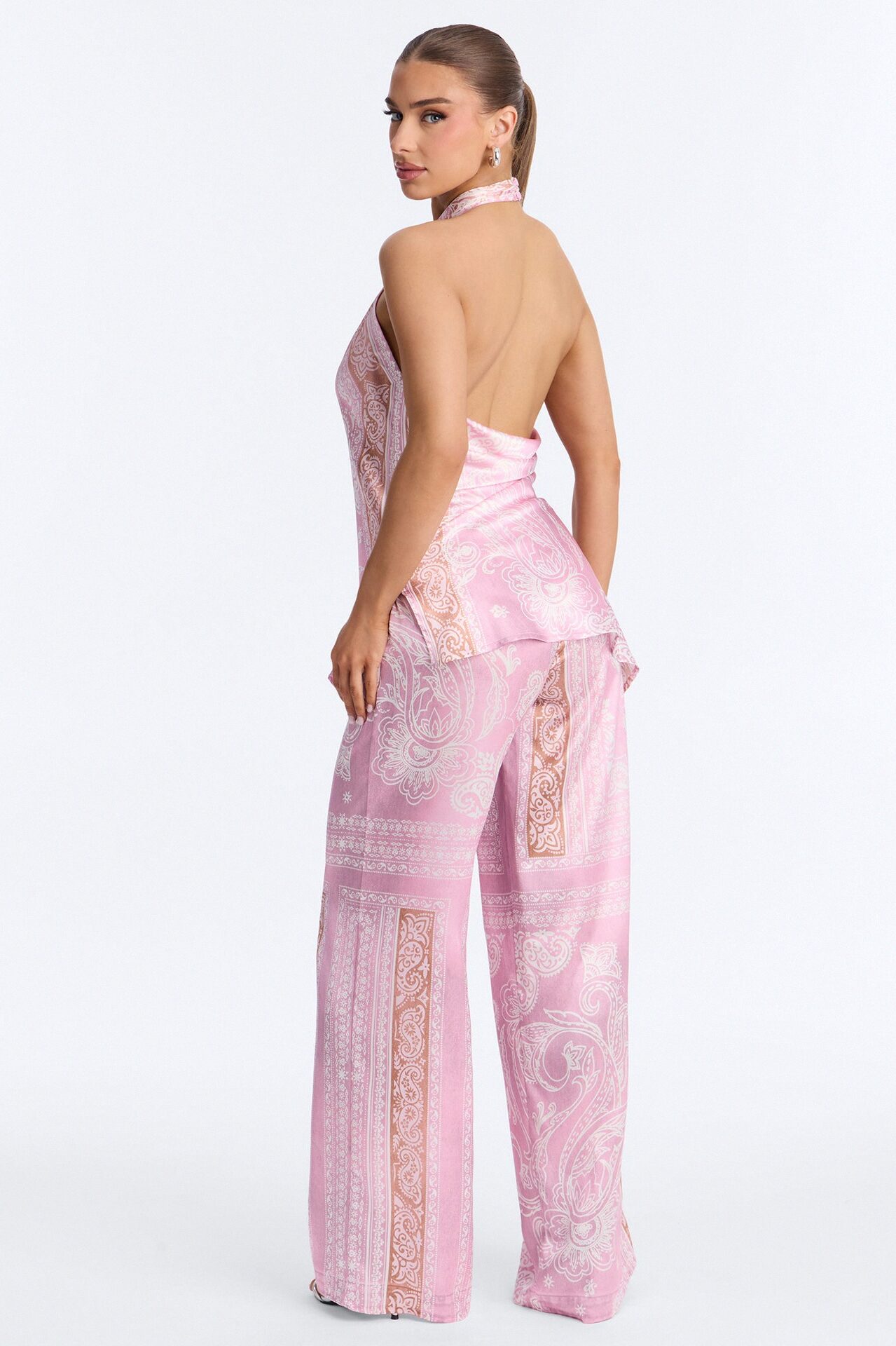 So Classy Hi Neck Paisley Satin Pant Set - Pink