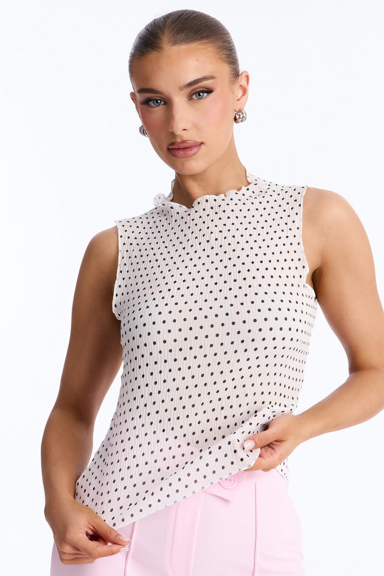 Into Paradise Mock Neck Polka Dot Plisse Top - White/combo