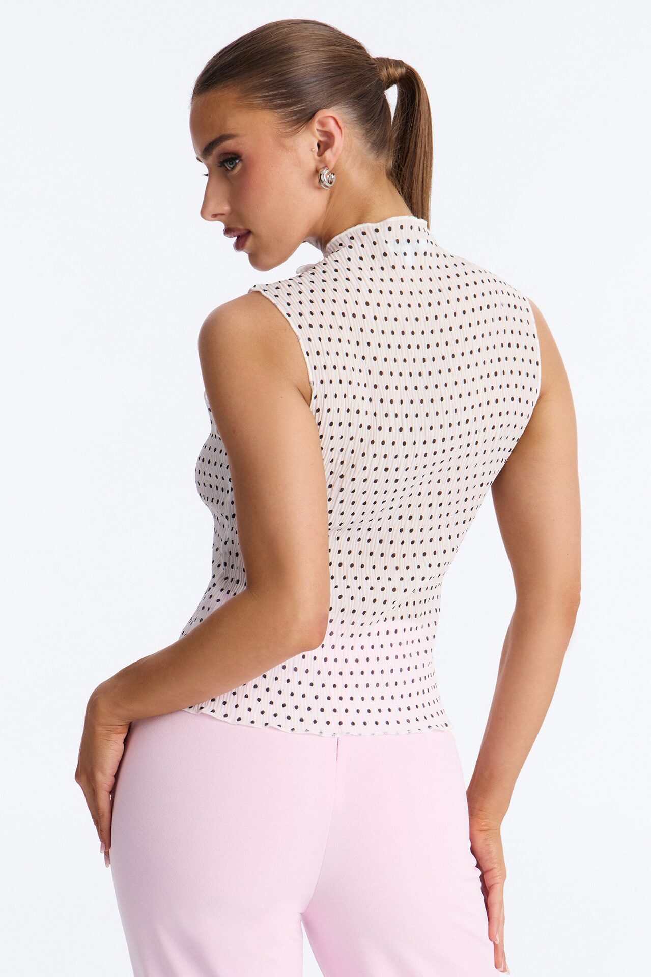 Into Paradise Mock Neck Polka Dot Plisse Top - White/combo