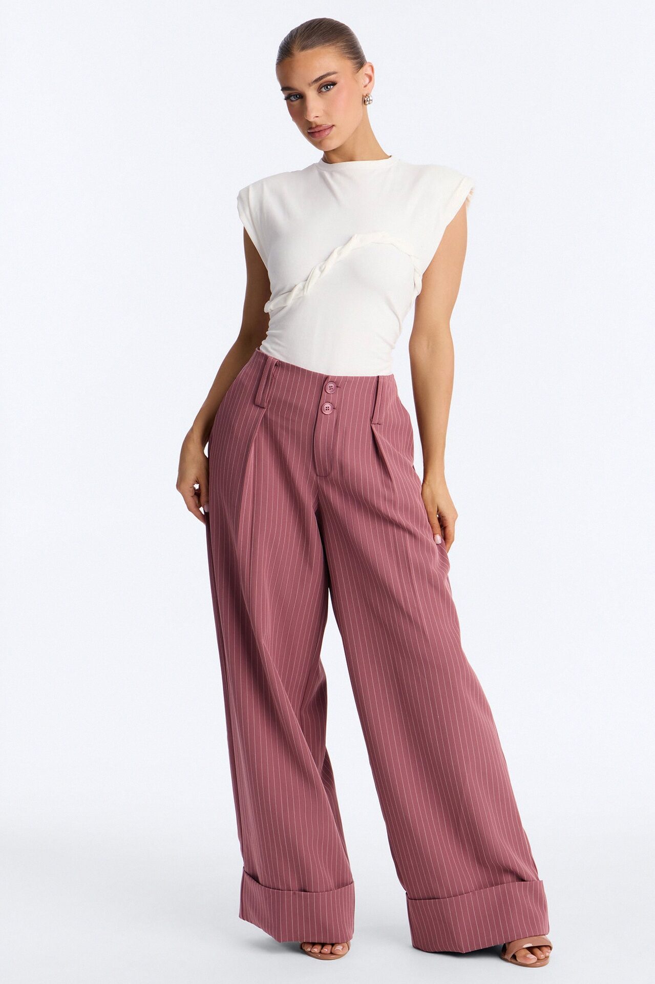 Adalyn Mid Rise Pinstripe Wide Leg Trouser Pant 33″ - Mauve