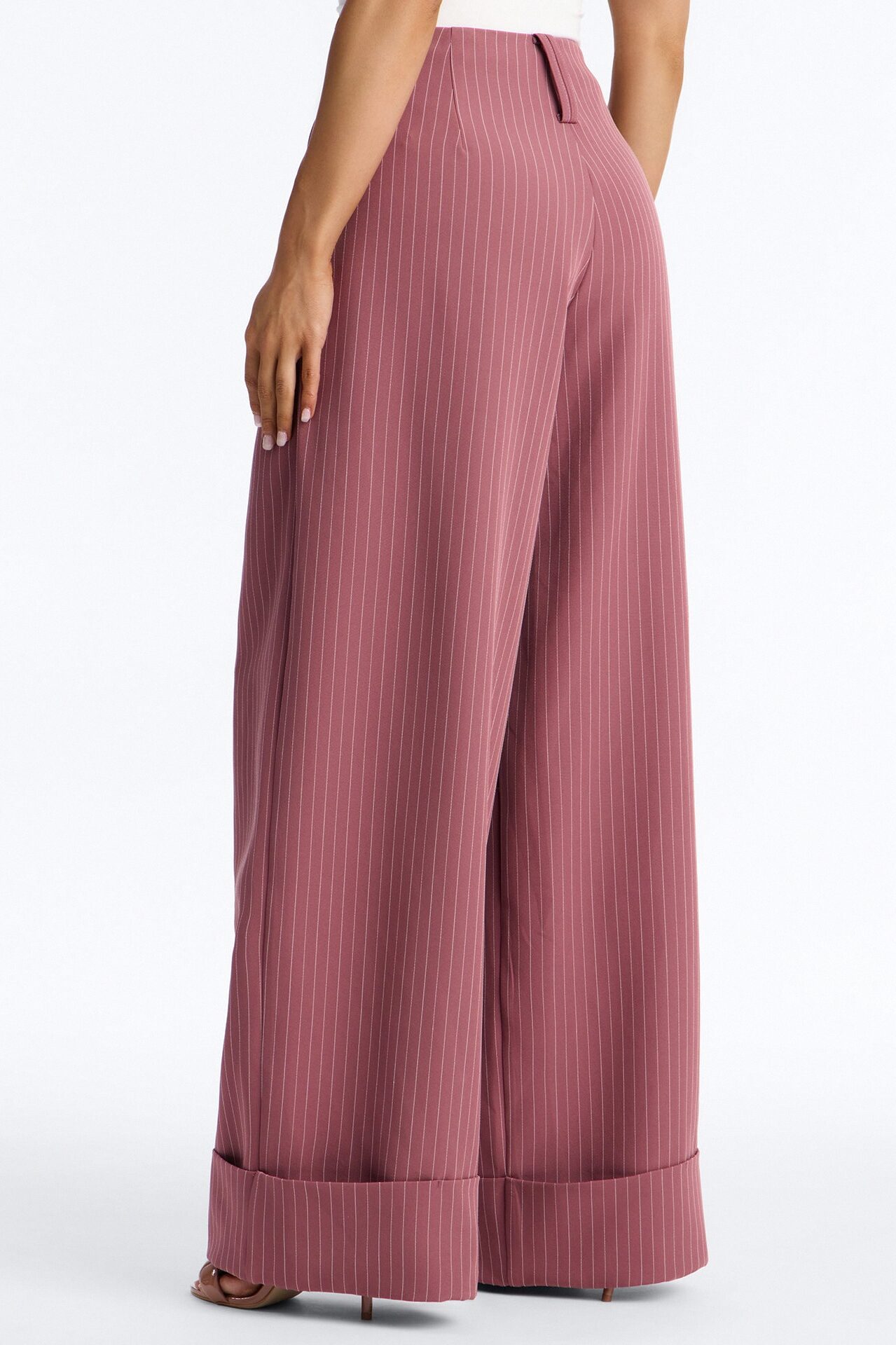 Adalyn Mid Rise Pinstripe Wide Leg Trouser Pant 33″ - Mauve