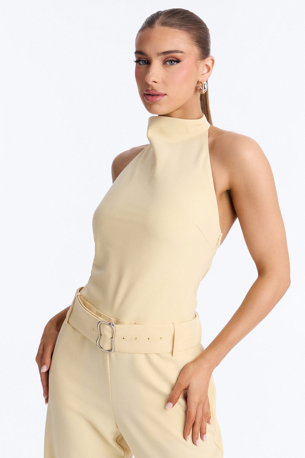 Rhode High Neck Belted Backless Jumpsuit - Yellow
