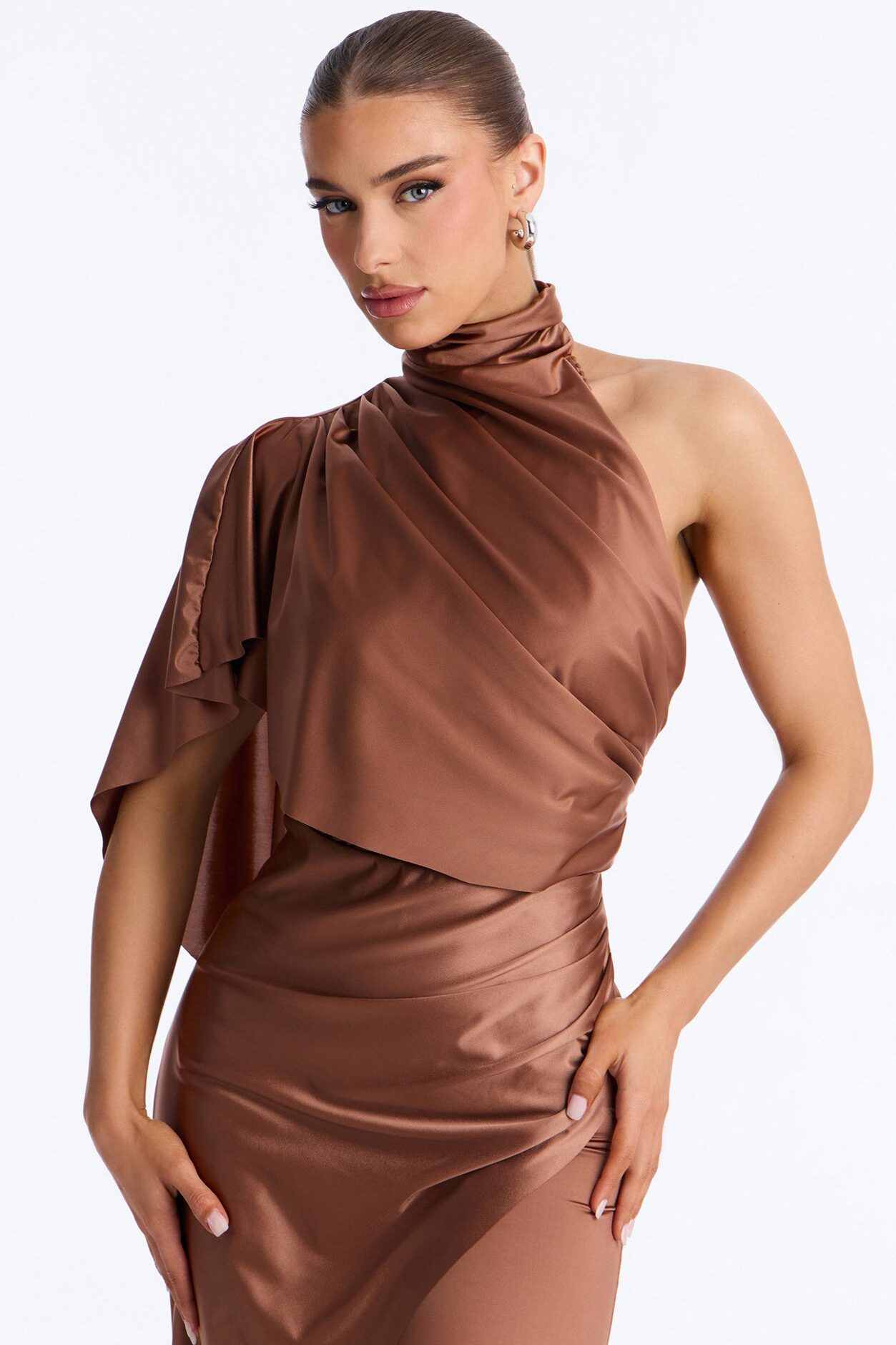 Chic Motives Draped Wide Leg Jumpsuit - Bronze