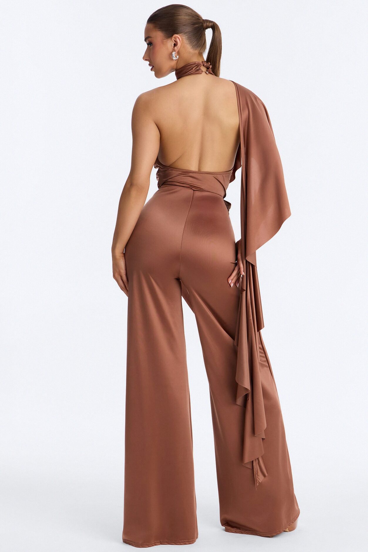 Chic Motives Draped Wide Leg Jumpsuit - Bronze