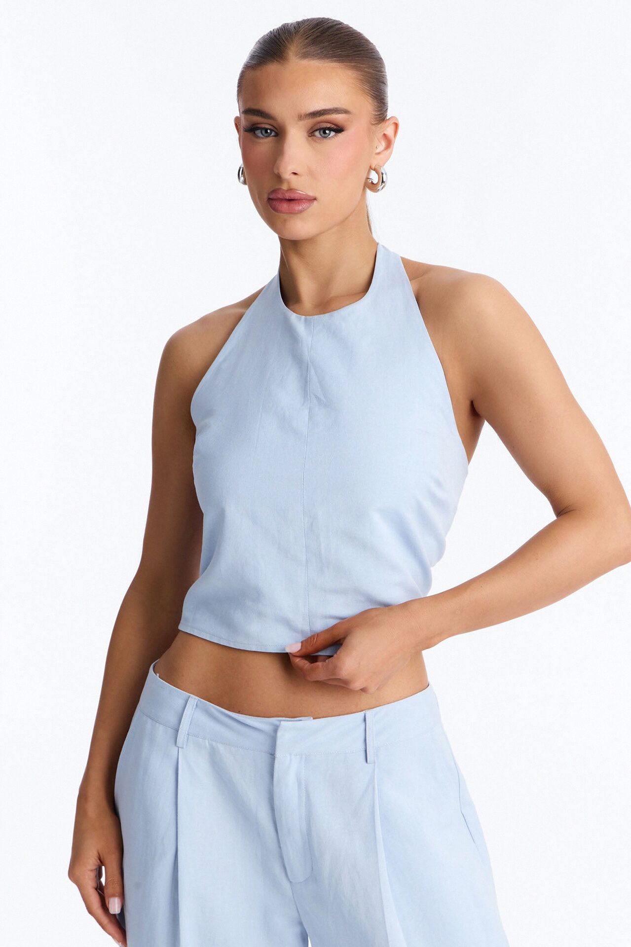 Ocean Breeze Linen Backless Halter Top - Dusty Blue