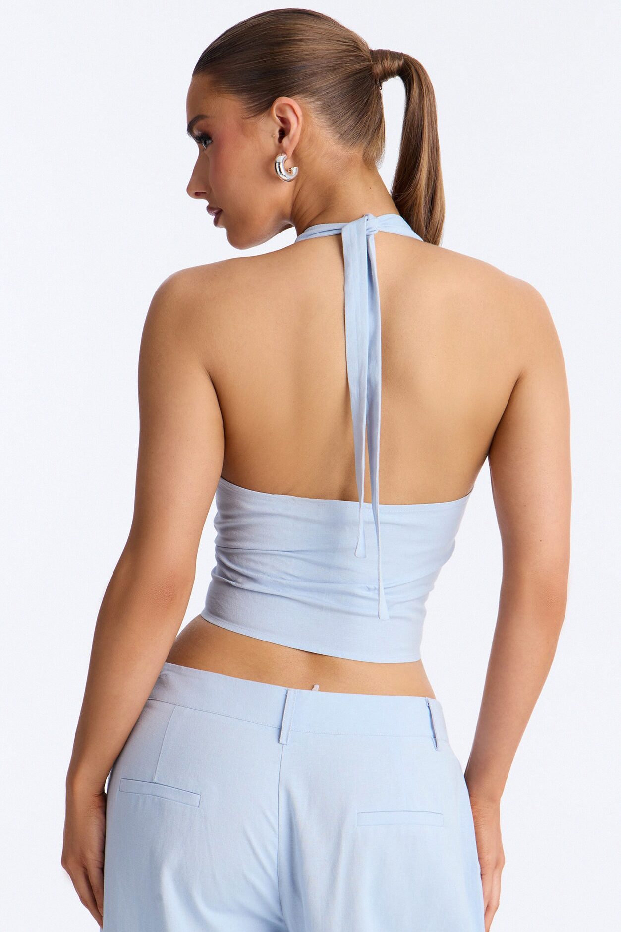 Ocean Breeze Linen Backless Halter Top - Dusty Blue