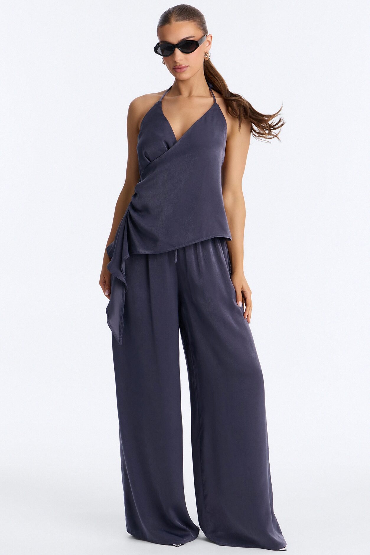 Normani Satin Halter Pant Set - Navy