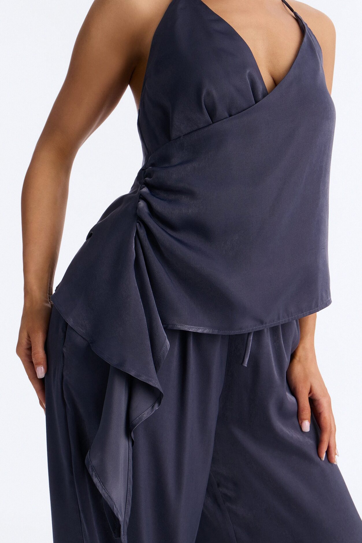 Normani Satin Halter Pant Set - Navy