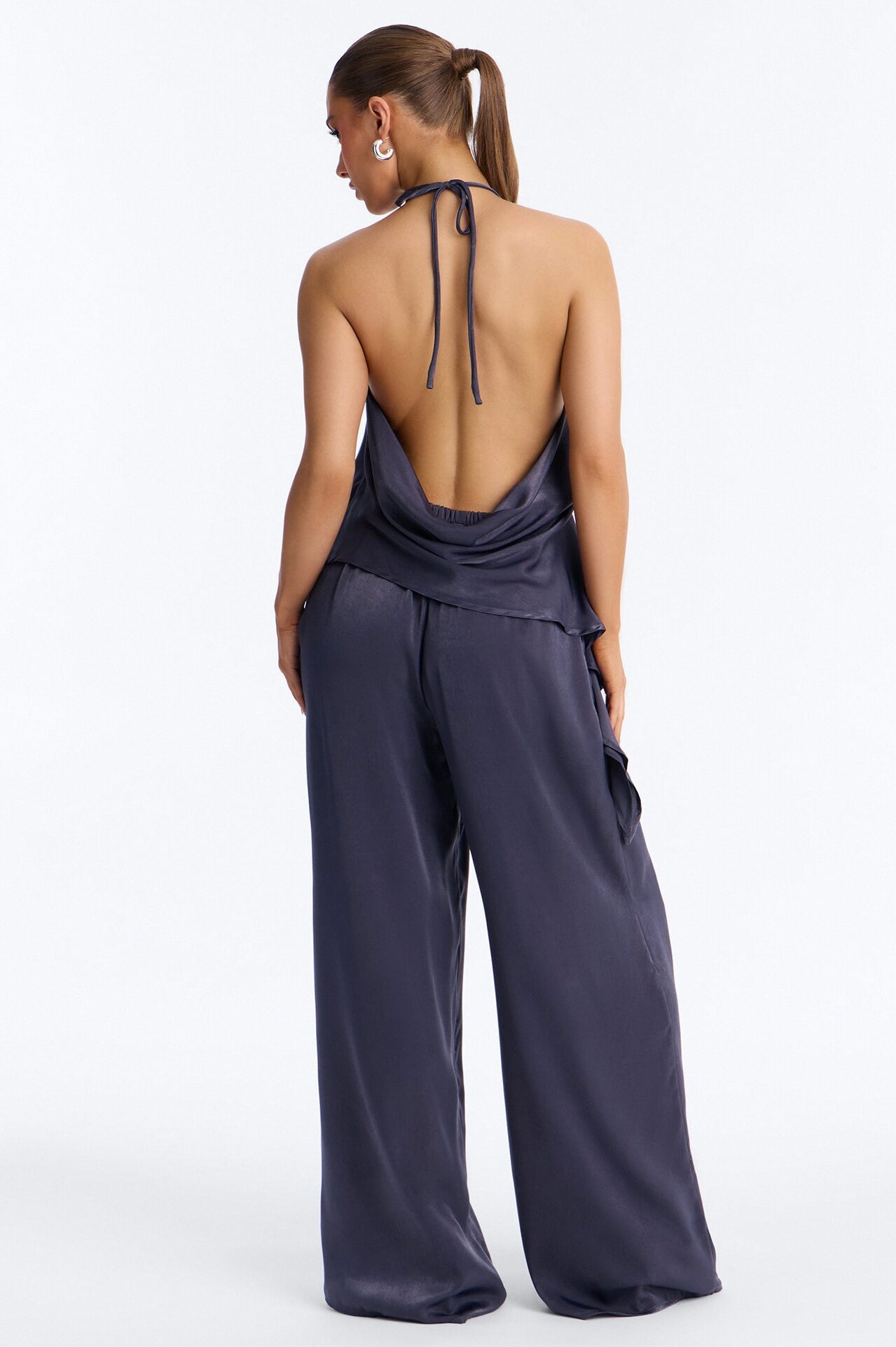 Normani Satin Halter Pant Set - Navy