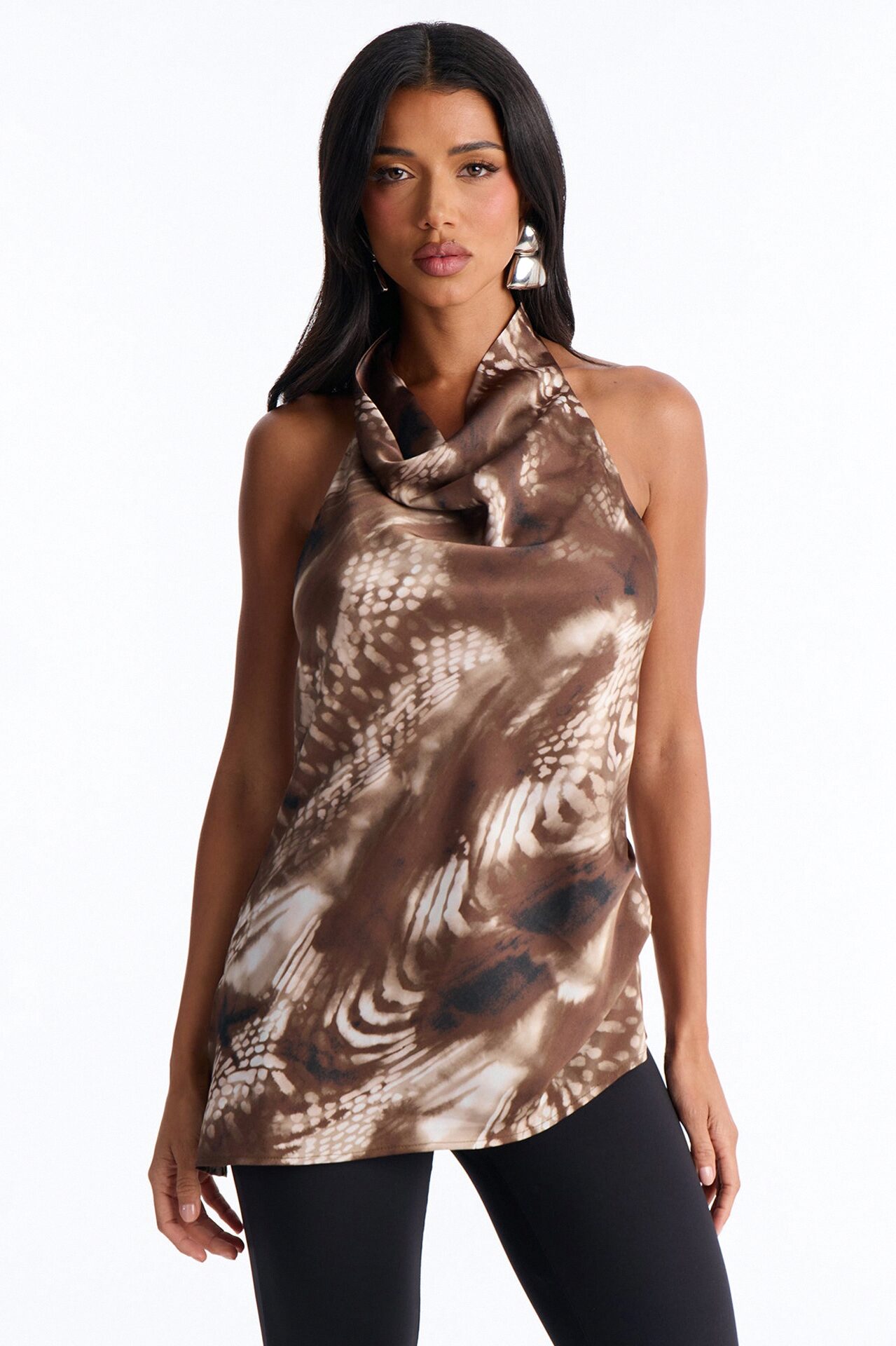 Street Scene Mock Neck Satin Top - Brown/combo