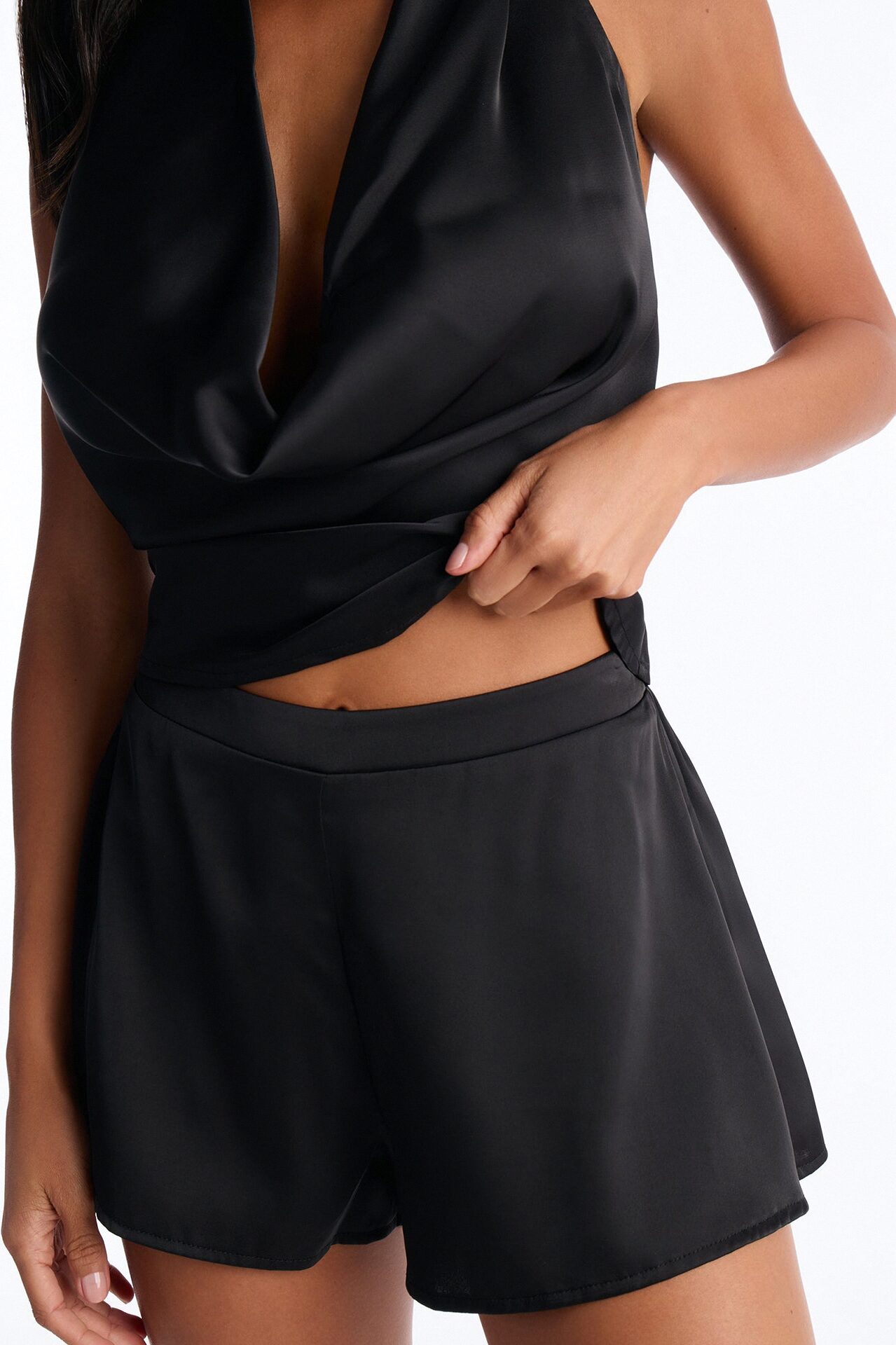 Coming Over Satin Halter Short Set - Black