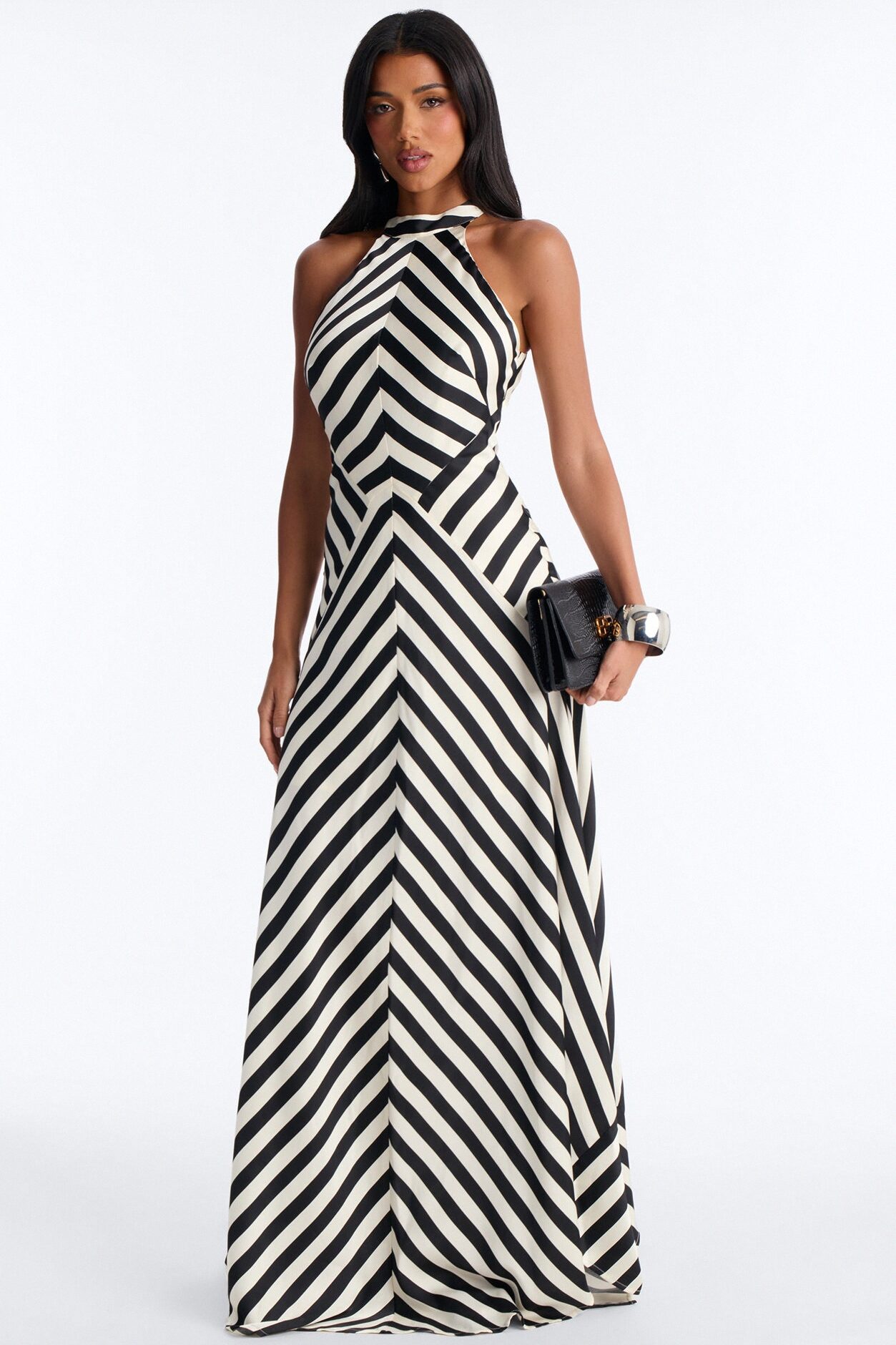 Delilah Striped Satin Maxi Dress - White/Black