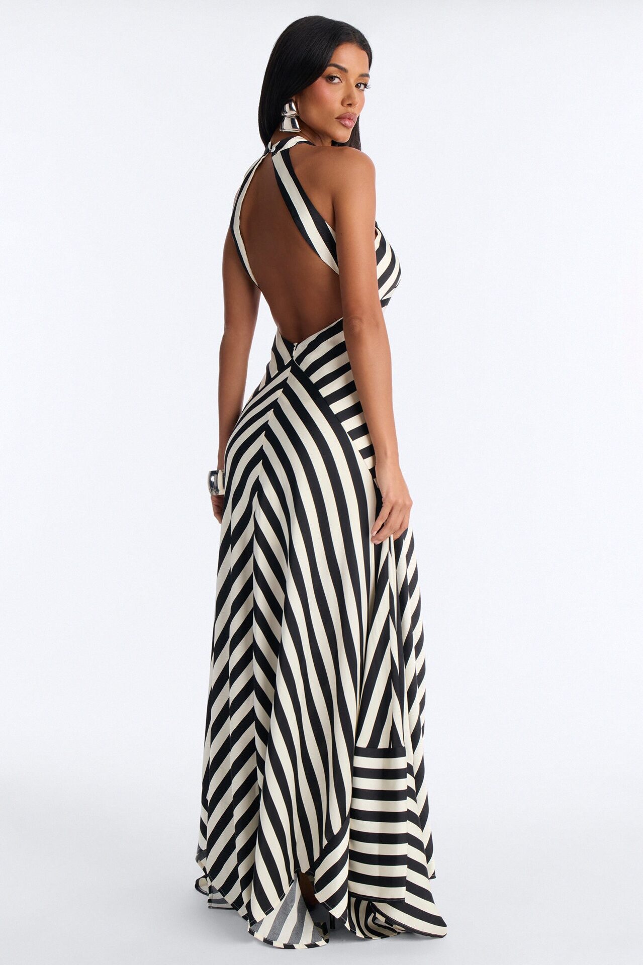 Delilah Striped Satin Maxi Dress - White/Black