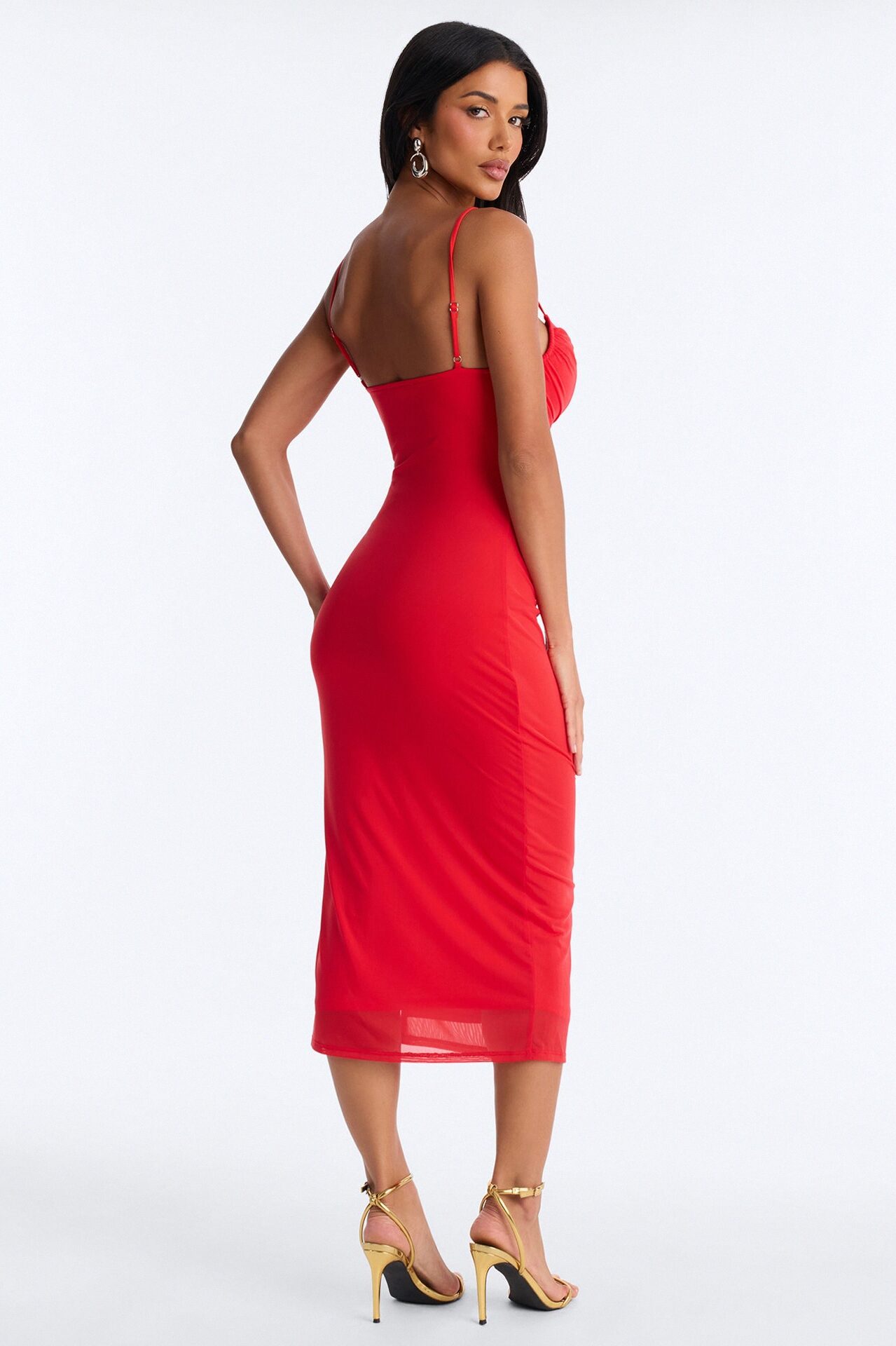 Megan Ruched Mesh Midi Dress - Red