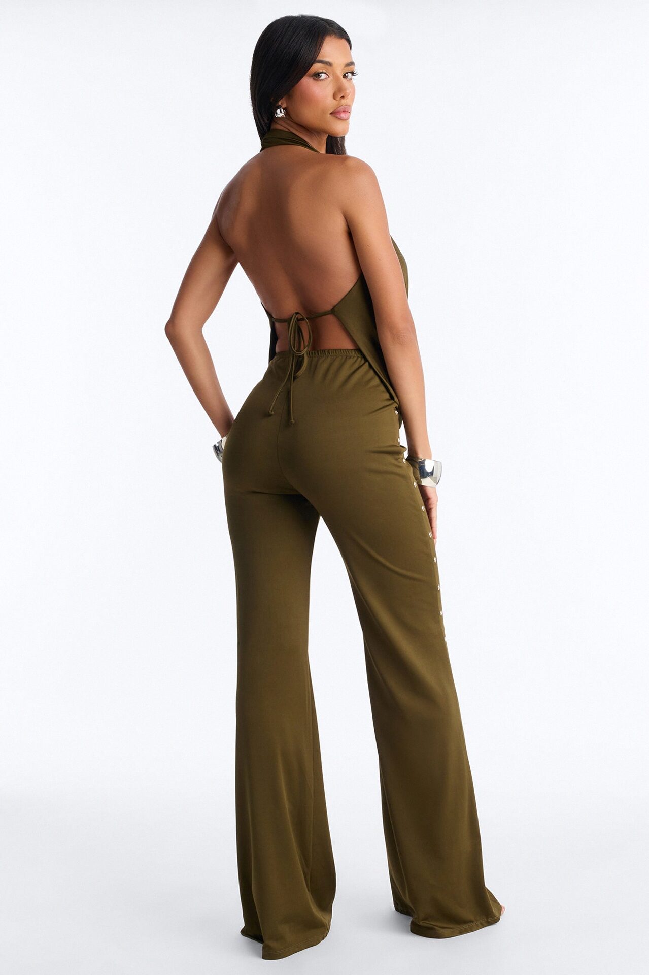 Festival Night Backless Wide Leg Jumpsuit - Olive