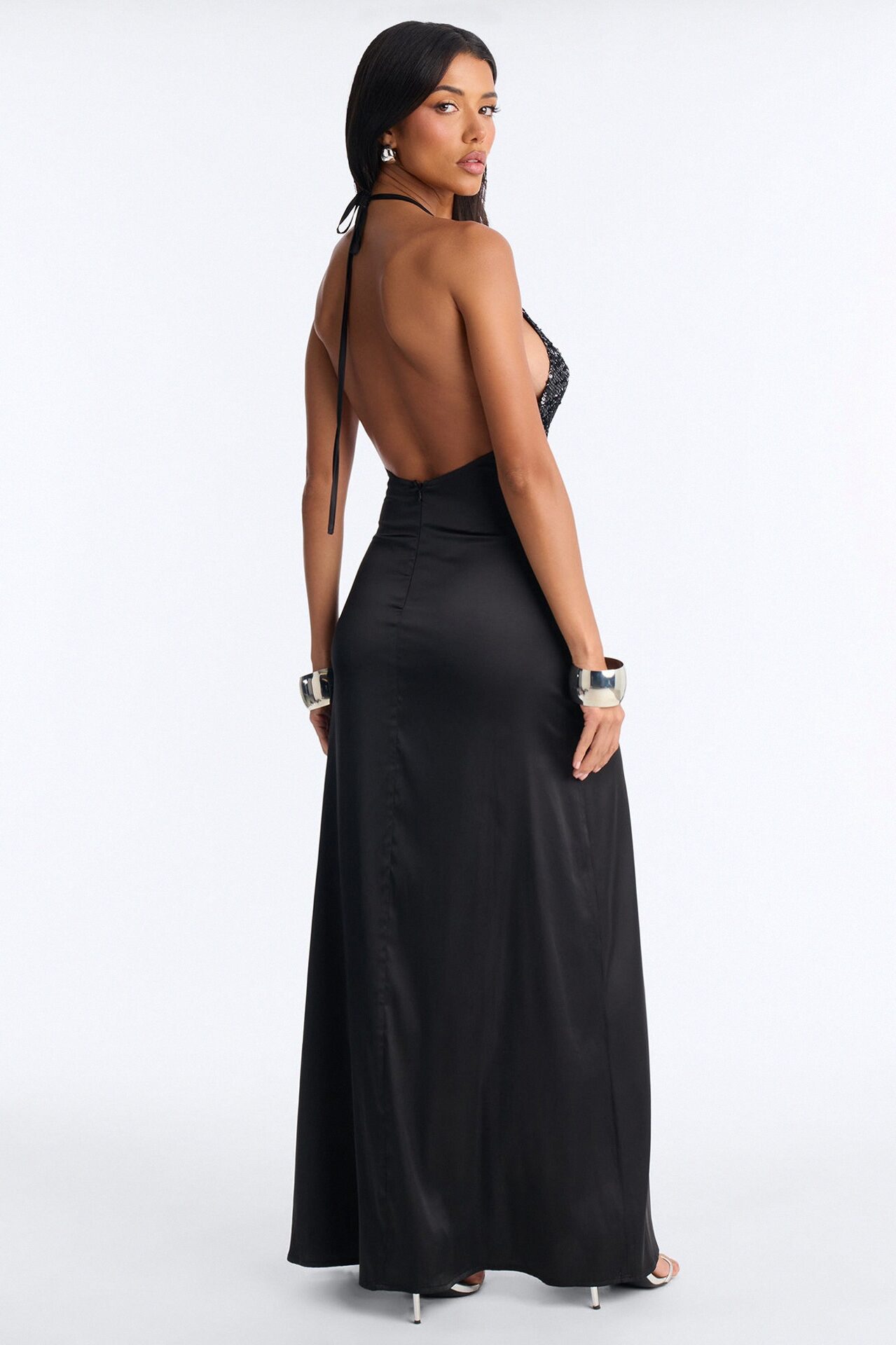 Camera Ready Sequin Satin Maxi Dress - Black