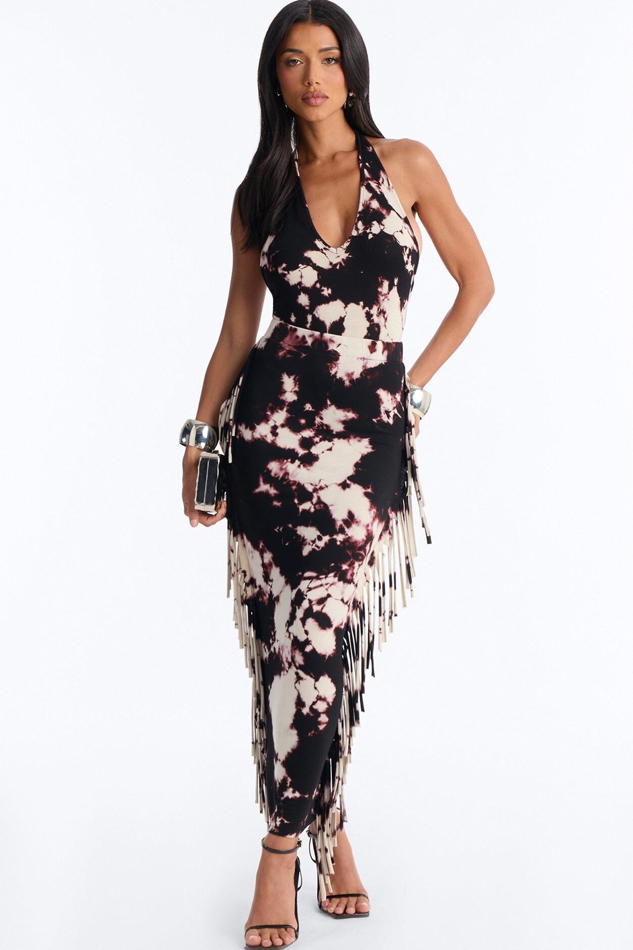 Morelia Fringe Bodysuit Maxi Skirt Set - Black
