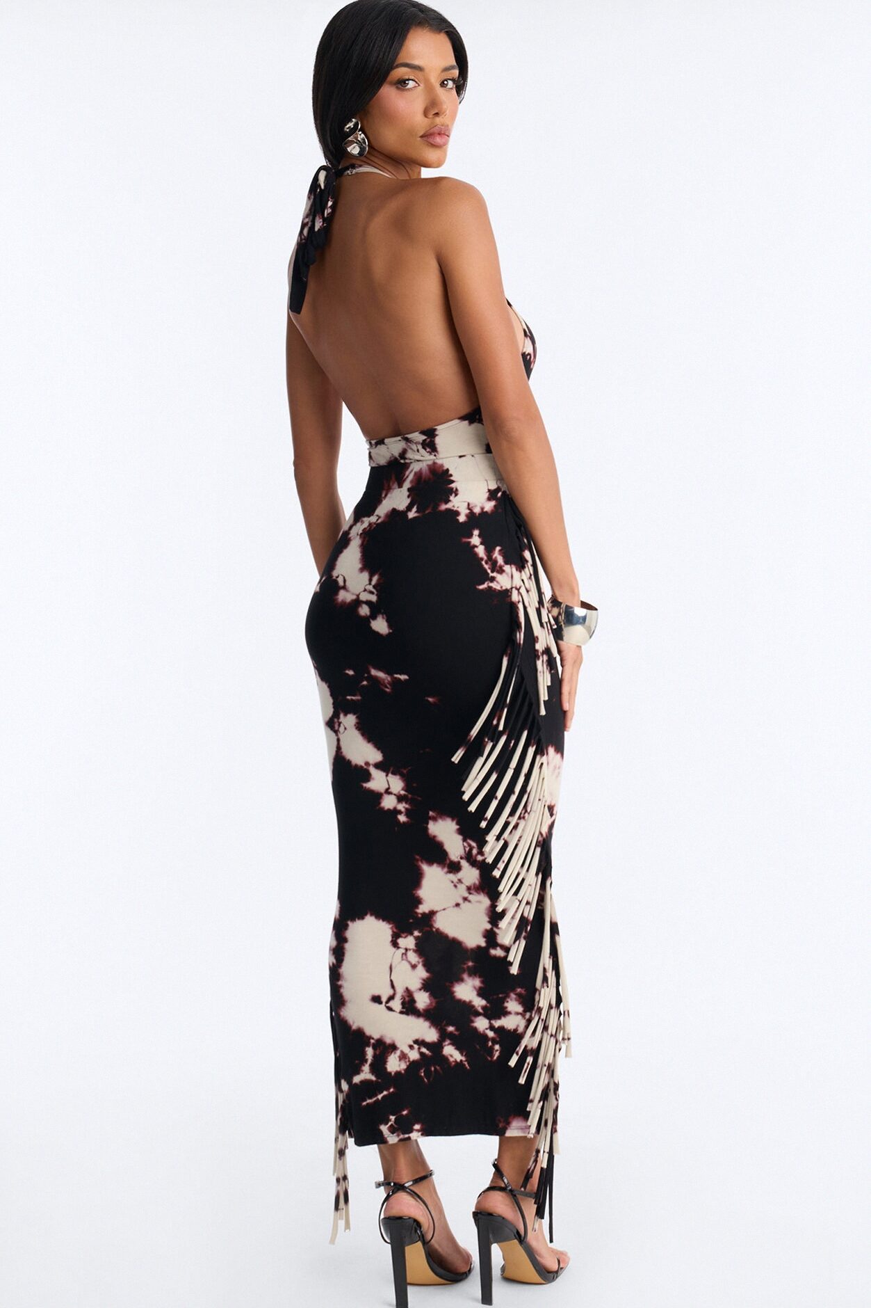 Morelia Fringe Bodysuit Maxi Skirt Set - Black