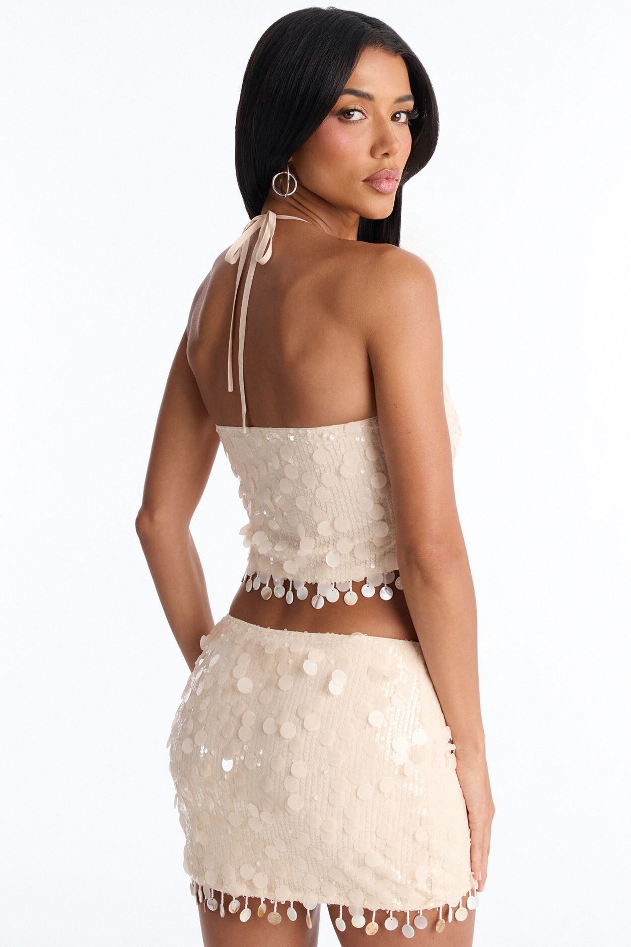 Sunset Drips Sequin Halter Top - Cream