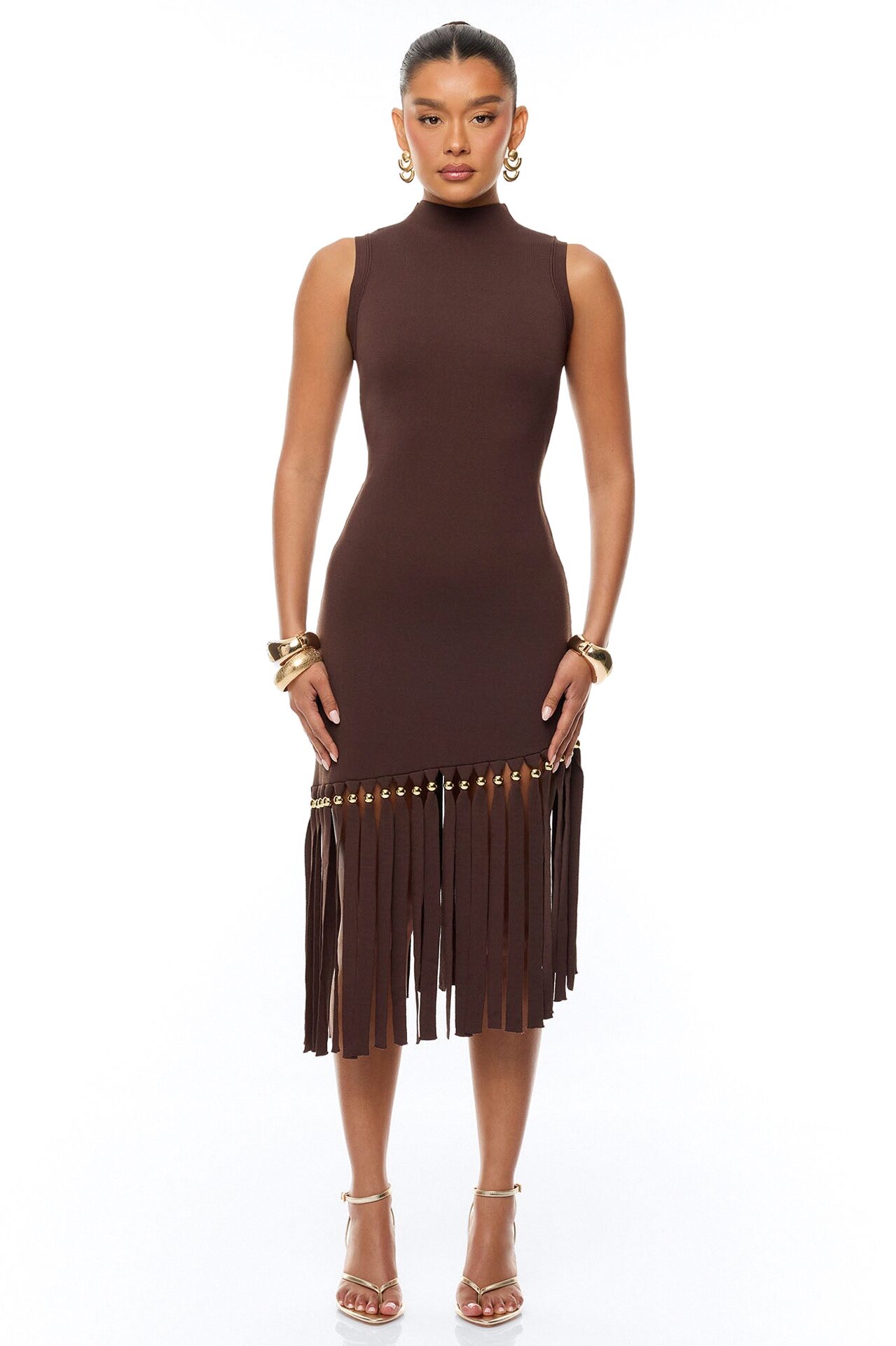 Jordyn Fringe Trim Midi Dress - Chocolate
