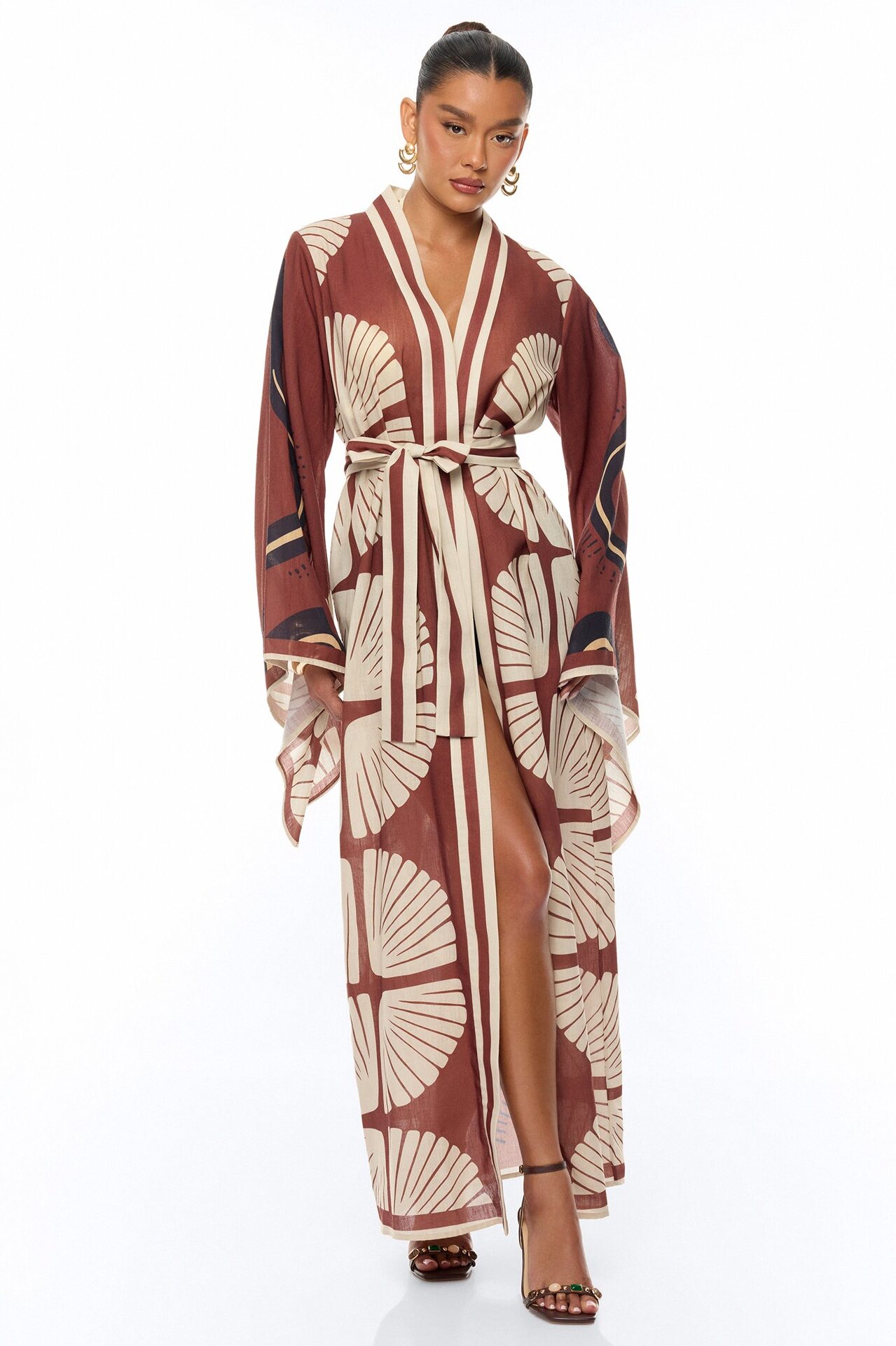 Sara Bell Sleeve Linen Kimono - Brown/combo