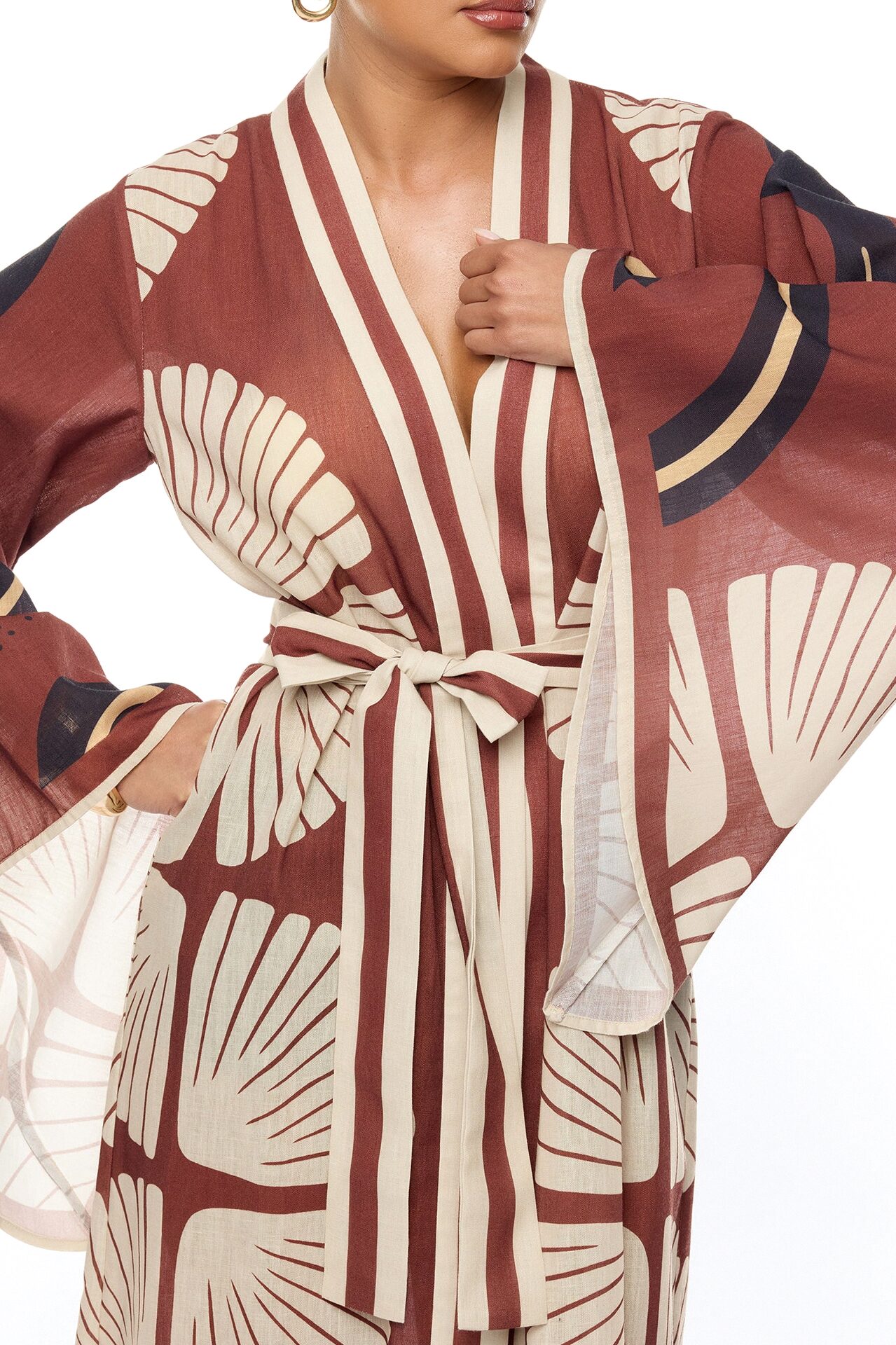Sara Bell Sleeve Linen Kimono - Brown/combo