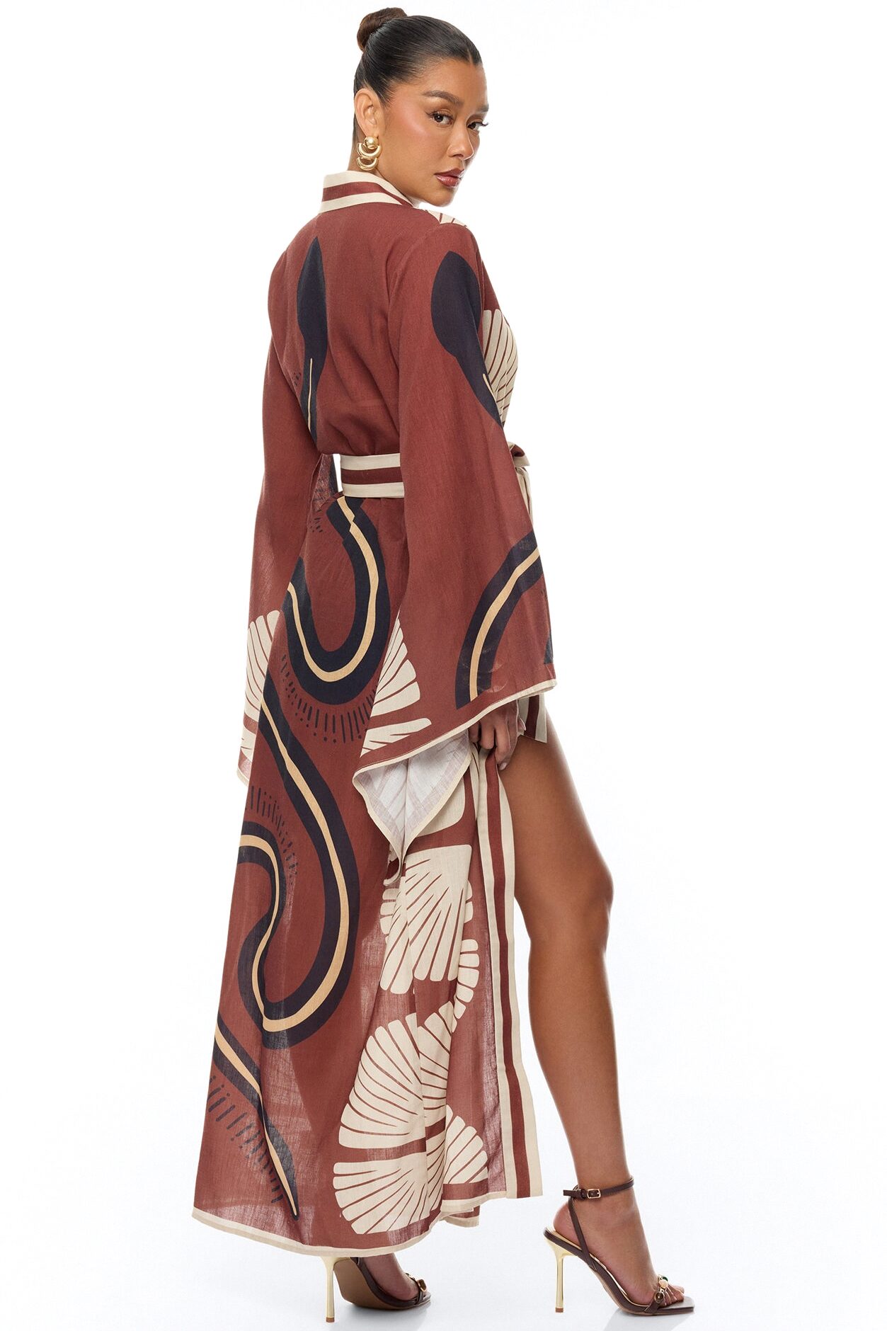 Sara Bell Sleeve Linen Kimono - Brown/combo