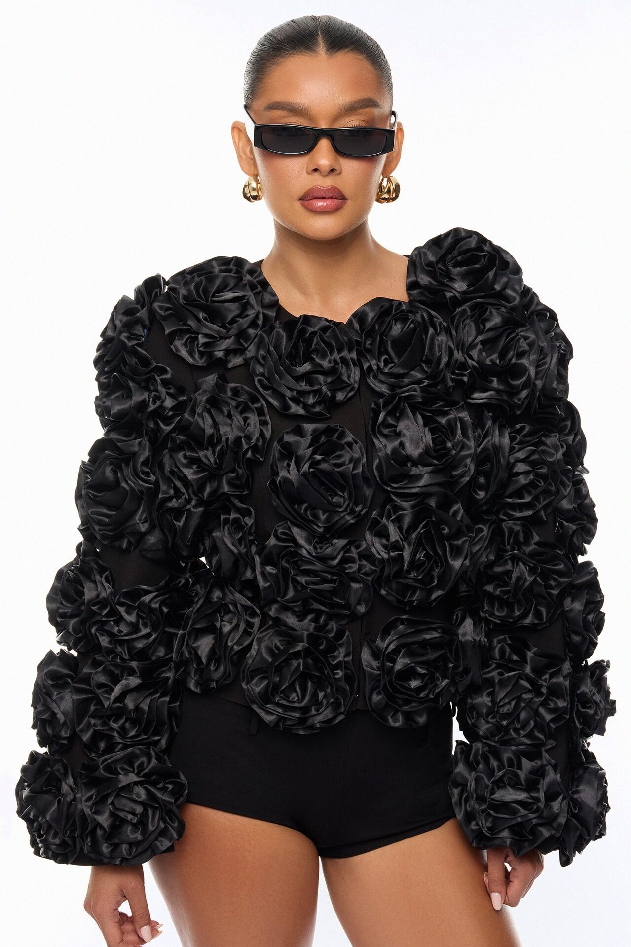 Petal Poise Floral Applique Jacket - Black