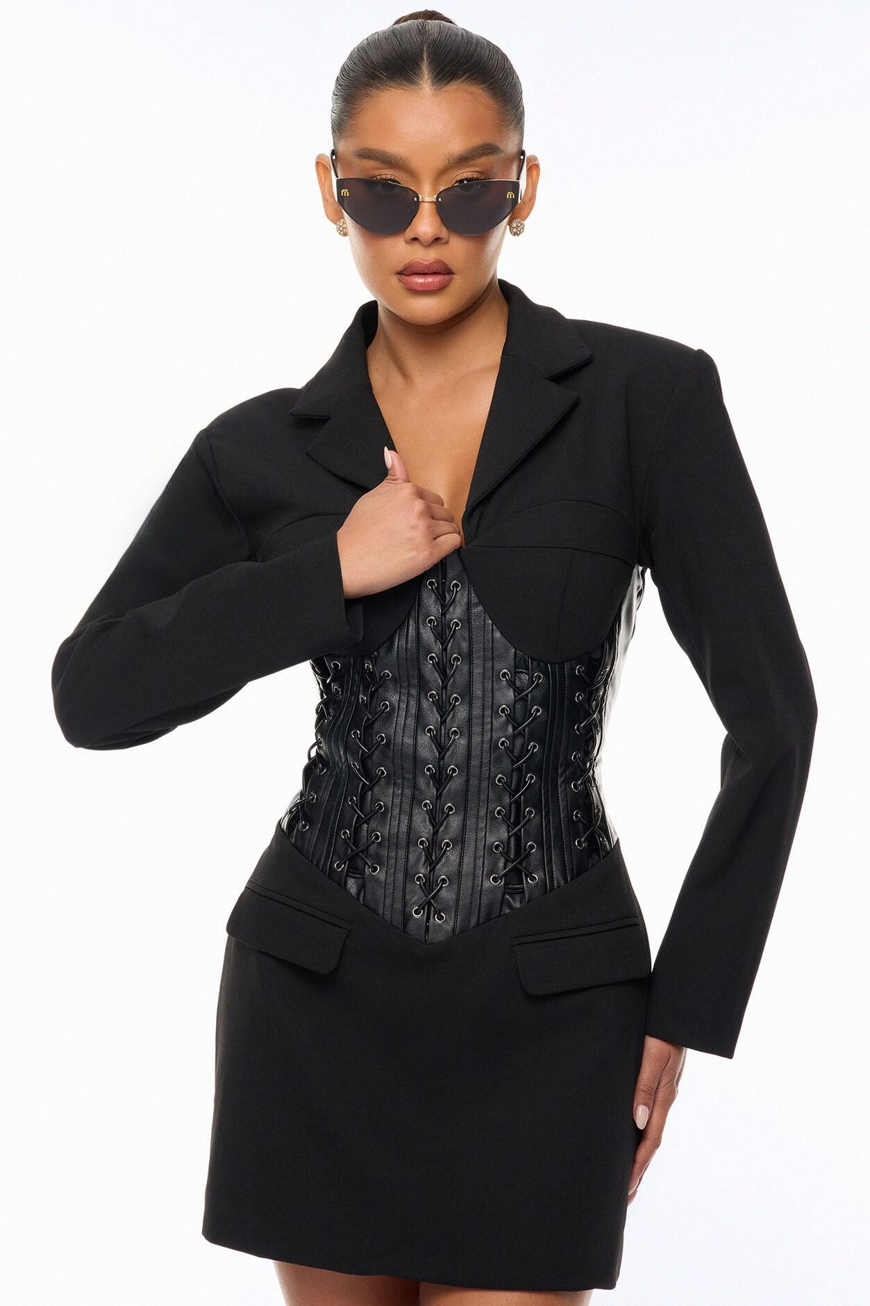 All Business Lace Up Blazer Mini Dress - Black