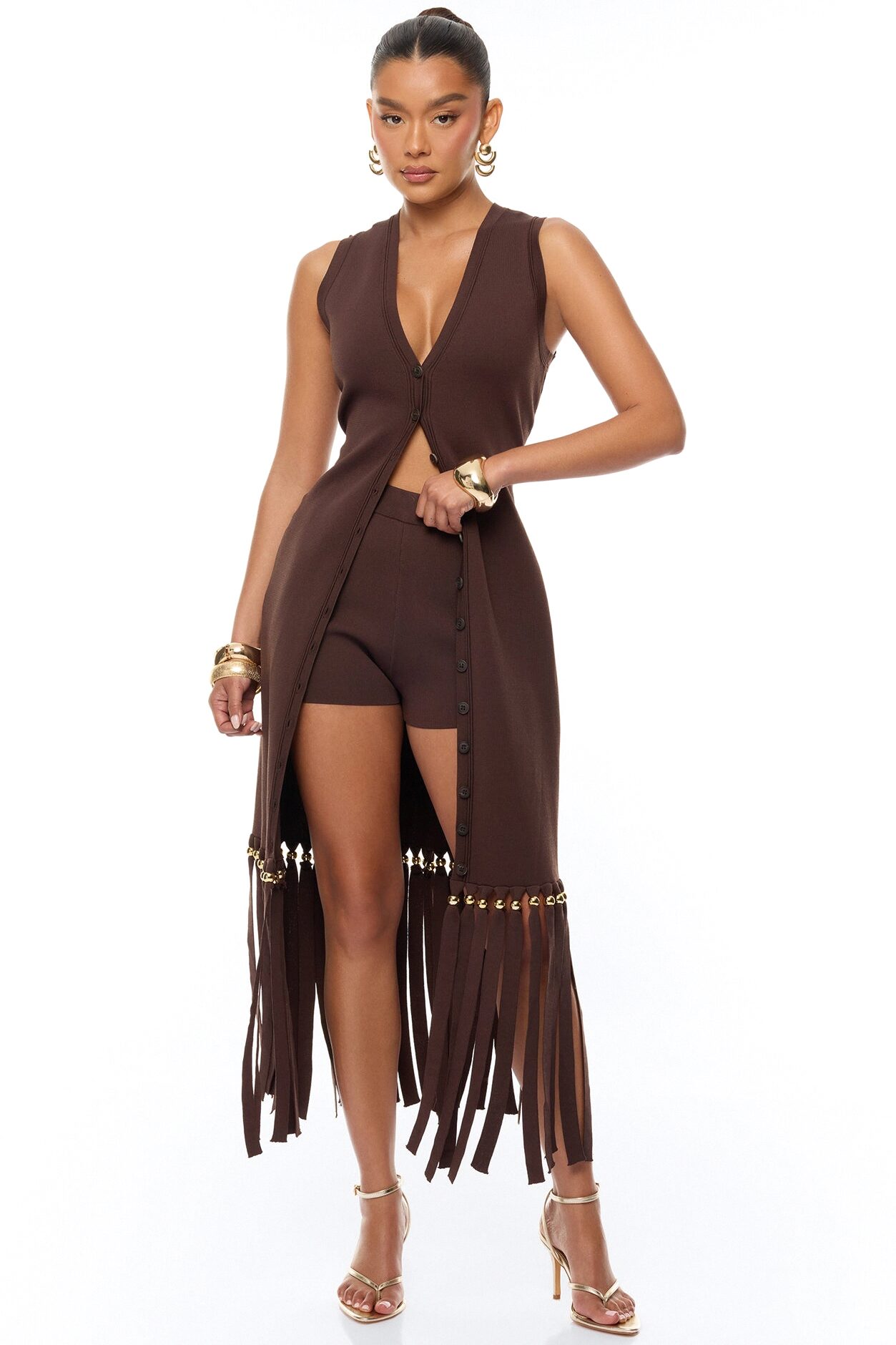 Jordyn Fringe Trim Maxi Vest - Chocolate