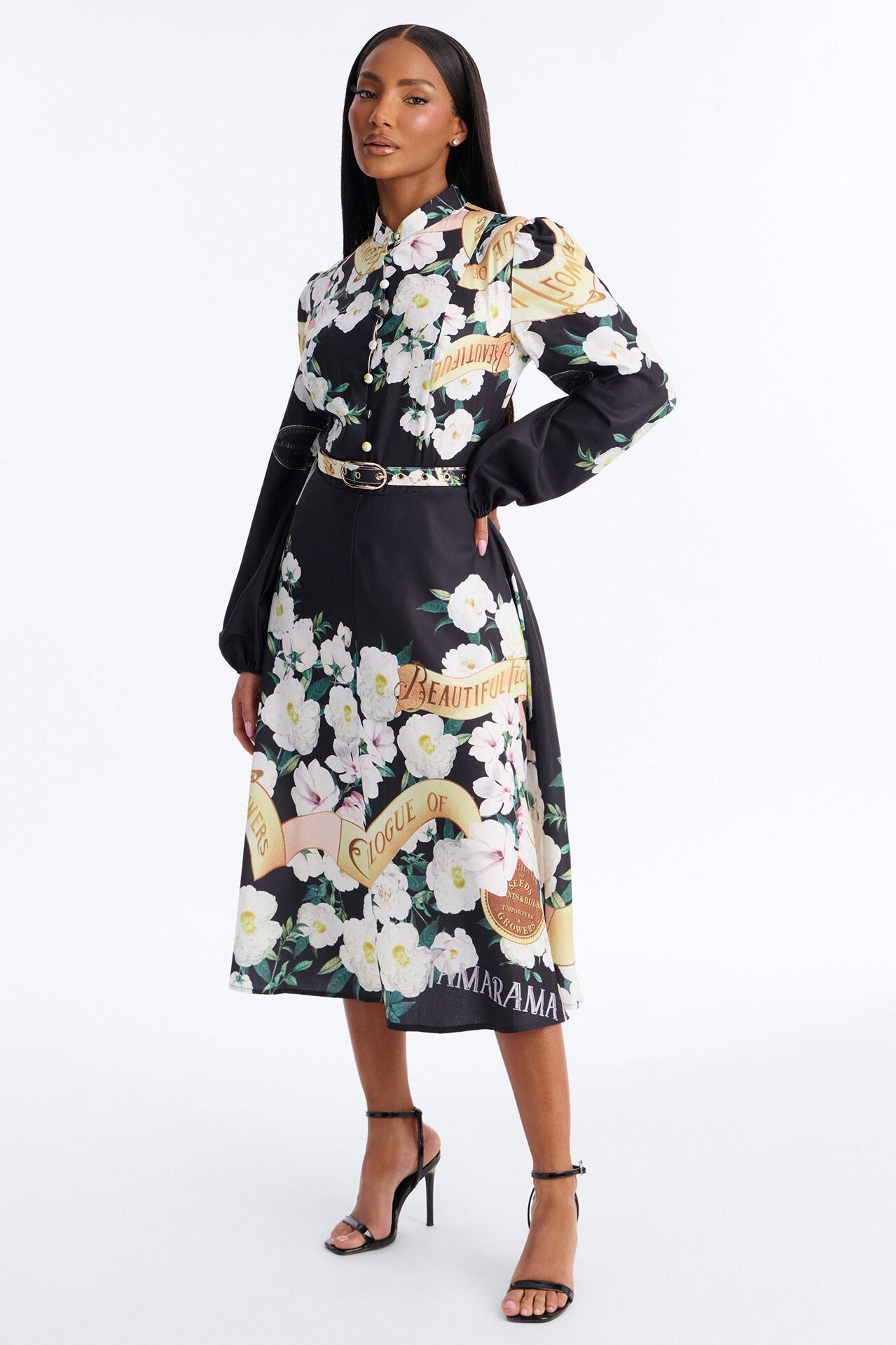 Liana Belted Floral Midi Dress - Black/combo