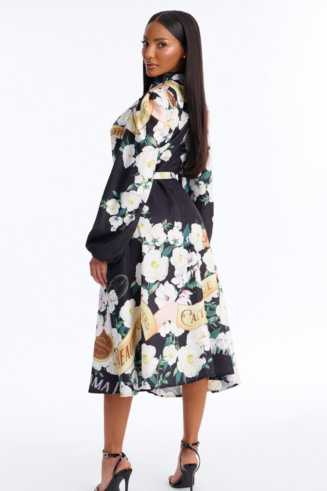 Liana Belted Floral Midi Dress - Black/combo