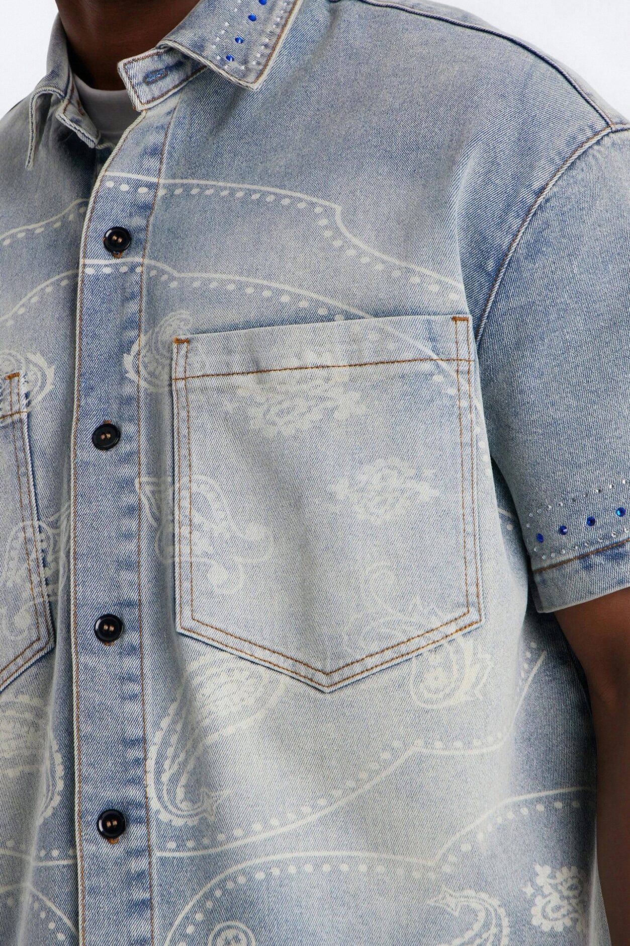 Rhinestone Bandana Boxy Denim Button Up Shirt - Light Blue Wash