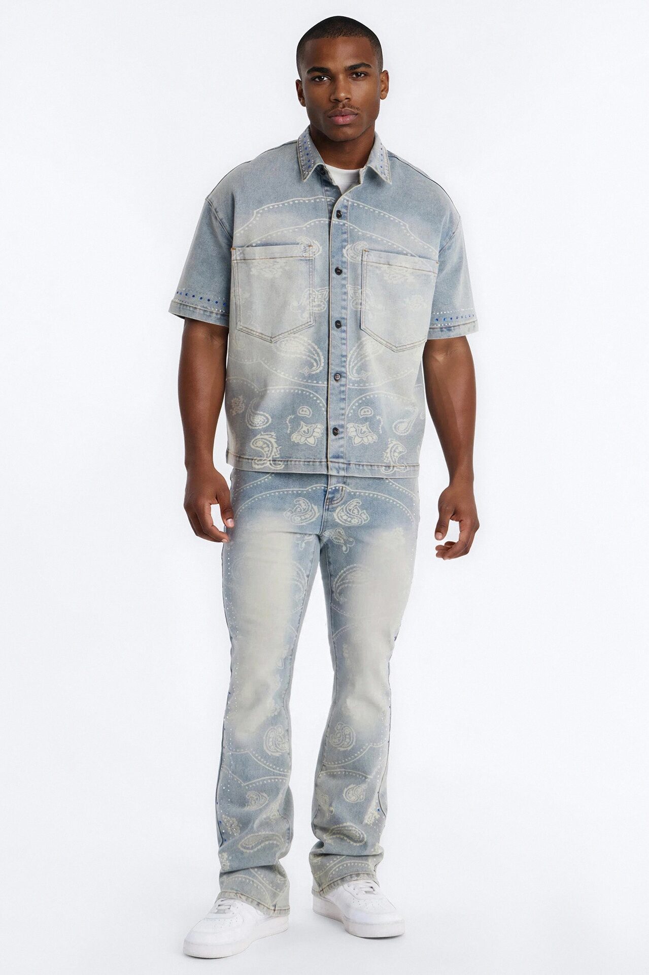 Rhinestone Bandana Boxy Denim Button Up Shirt - Light Blue Wash