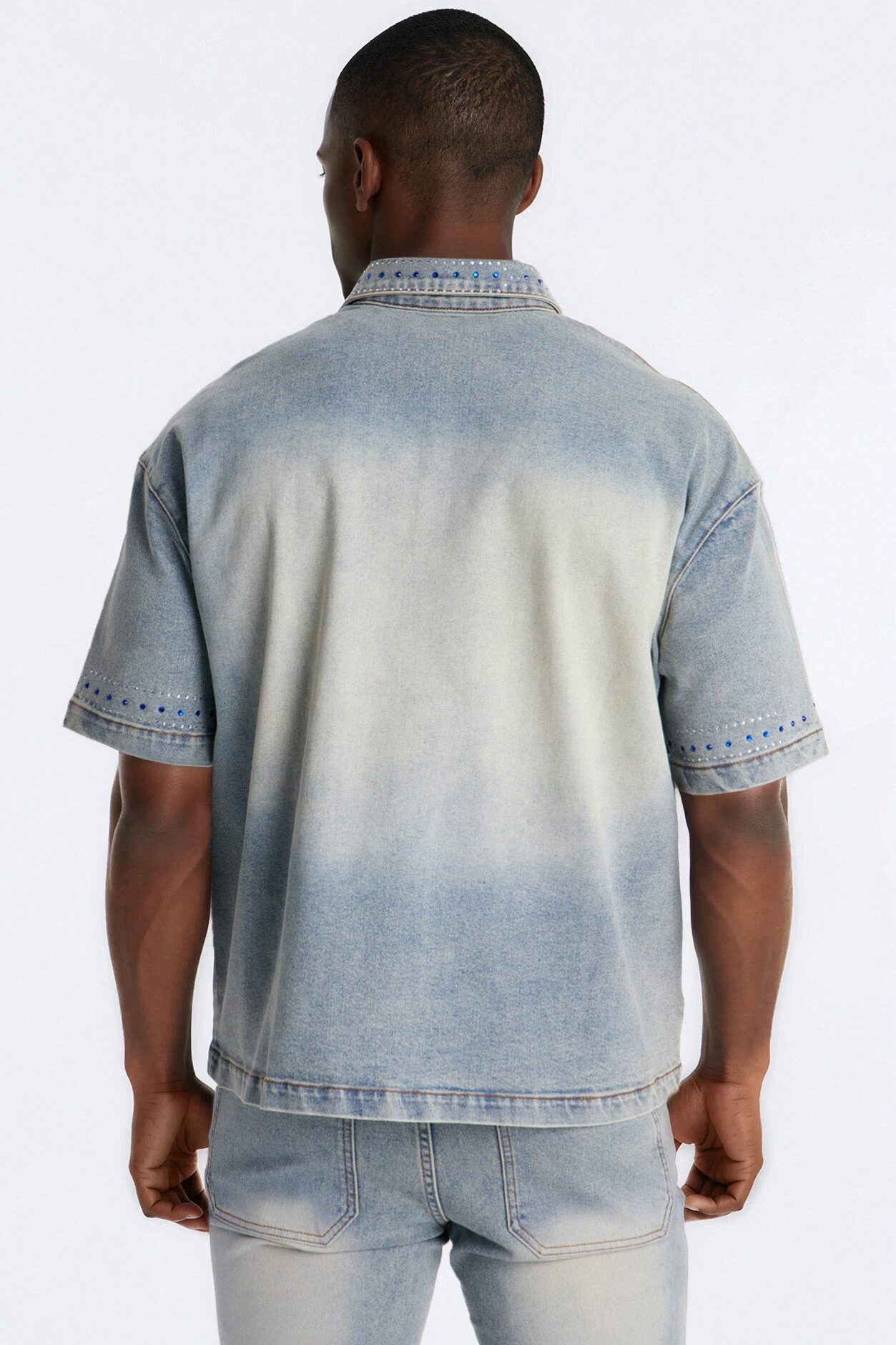 Rhinestone Bandana Boxy Denim Button Up Shirt - Light Blue Wash