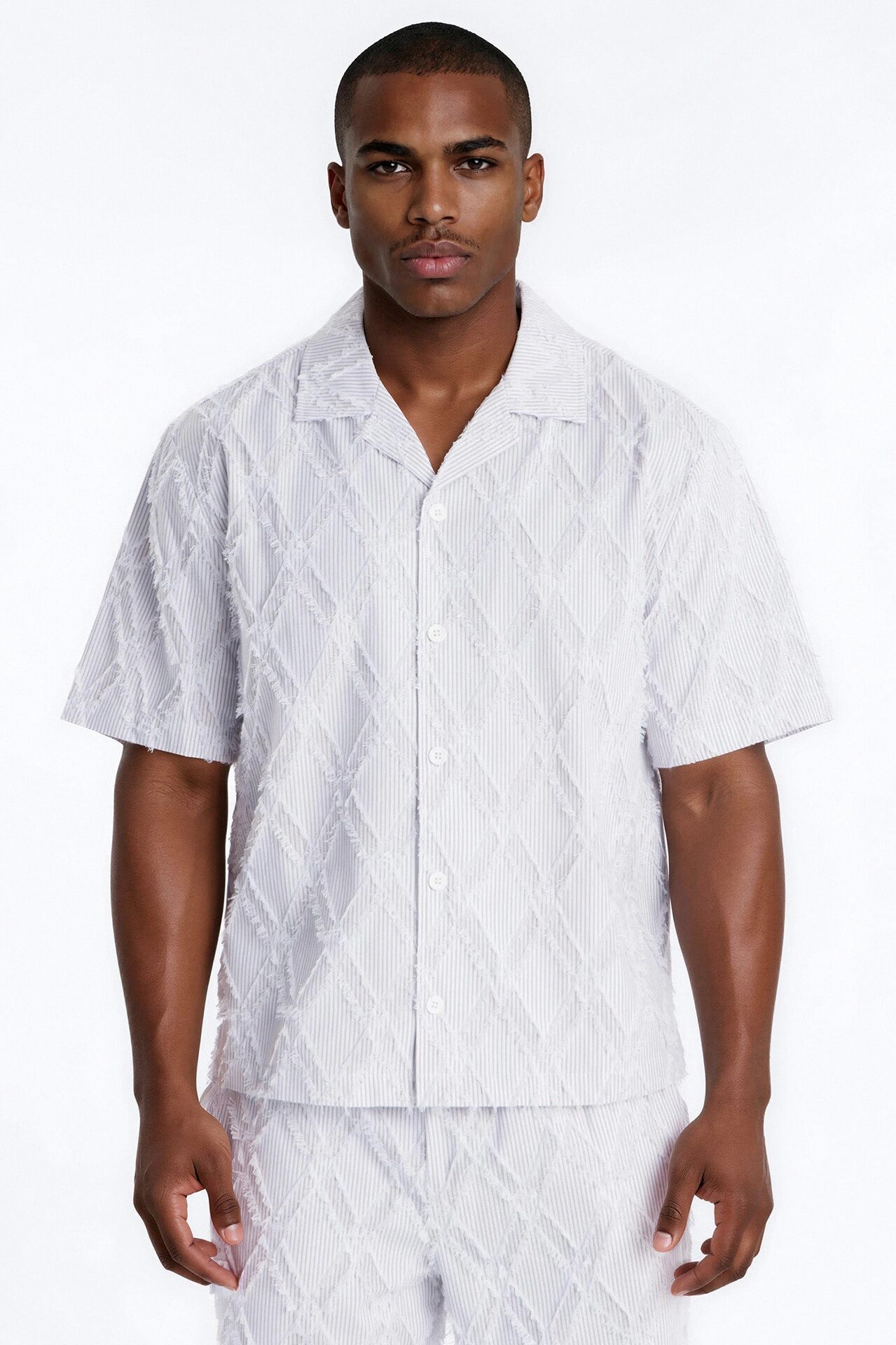 Relaxed Sahara Stripe Cuban Collar Button Up Shirt - White